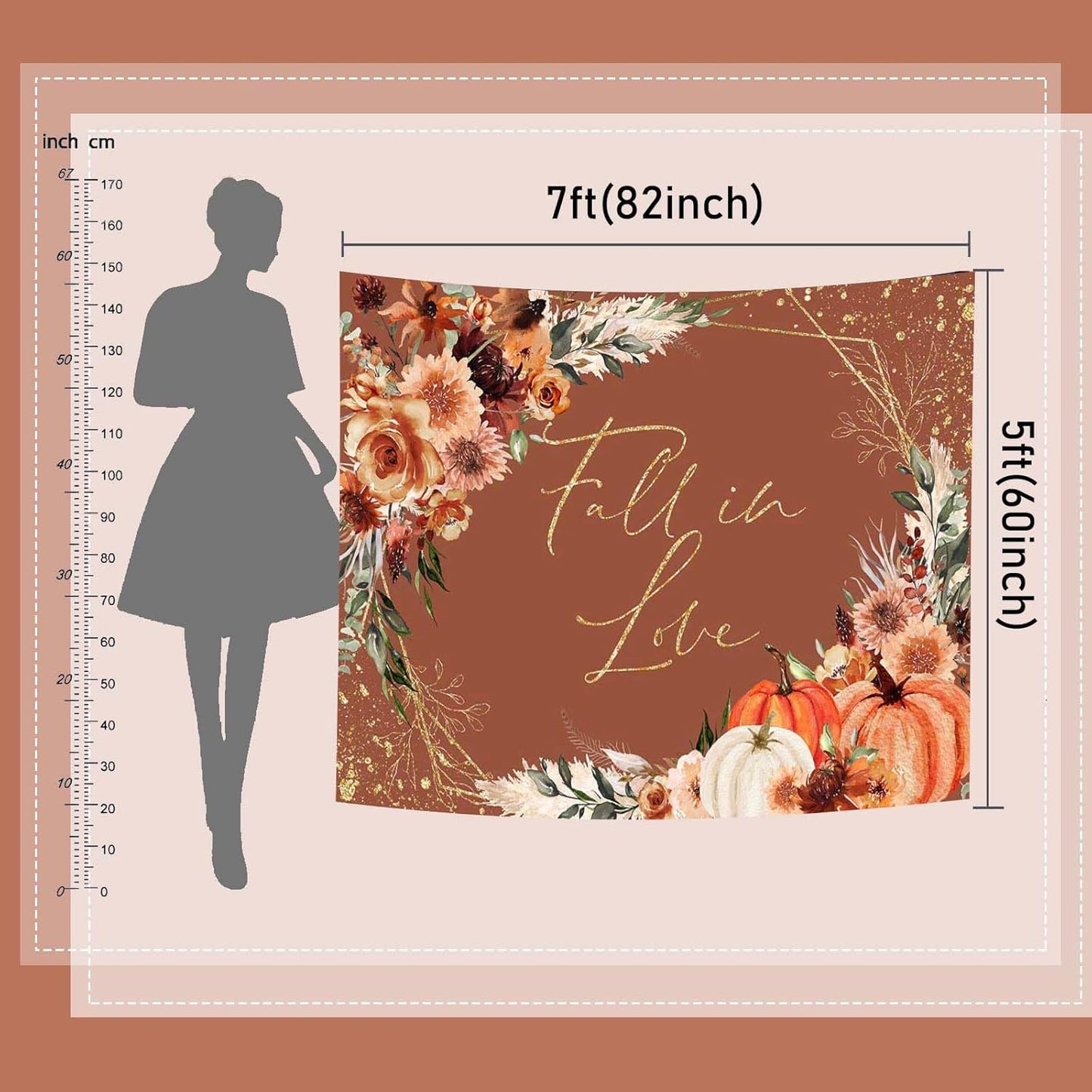 Mocsicka Fall in Love Bridal Shower Backdrop Boho Autumn Leaves Pumpkin Bride Shower Background Terracotta Flower Pampas Grass Wedding Party Banner Decoration (Terracotta, 7x5ft(82''x60''))