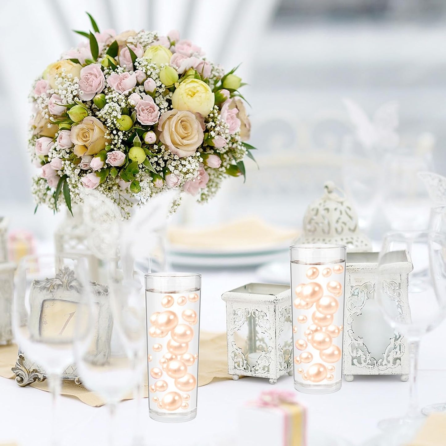 100PCS Light Champagne Faux Pearls Beads for Centerpiece Vases, Vase Filler Faux Pearls, No Holes Filler Beads for Party Anniversary Birthday Wedding Table Decor, 14/20/30mm