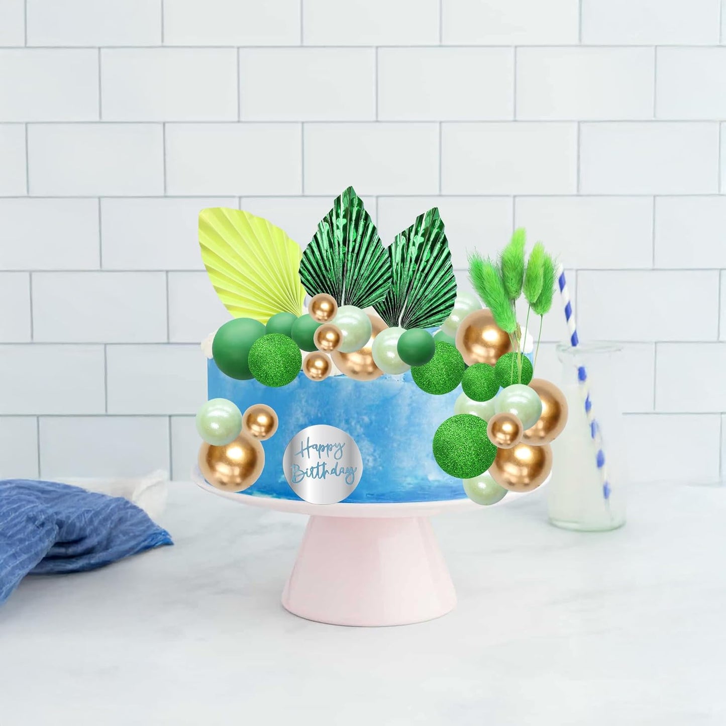 Ephlyn 33 Pack Balls Cake Toppers Boho Palm Leaves Cake Decorations Round Acrylic Happy Birthday Cupcake Toppers for Birthday Wedding Baby Shower Party Supplies Green
