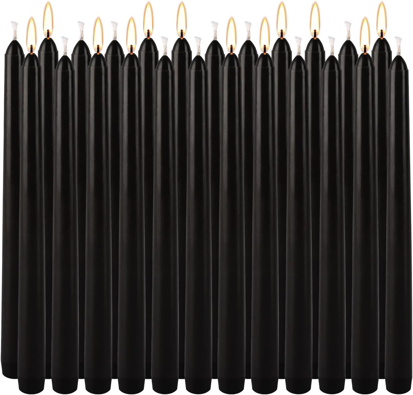 24 Pack Black Taper Candles, 7-8 Hours Burn Time, Unscented, Smokeless and Dripless, 10 Inch Dinner Candle Set for Household, Wedding, Party and Home Décor Candlesticks.