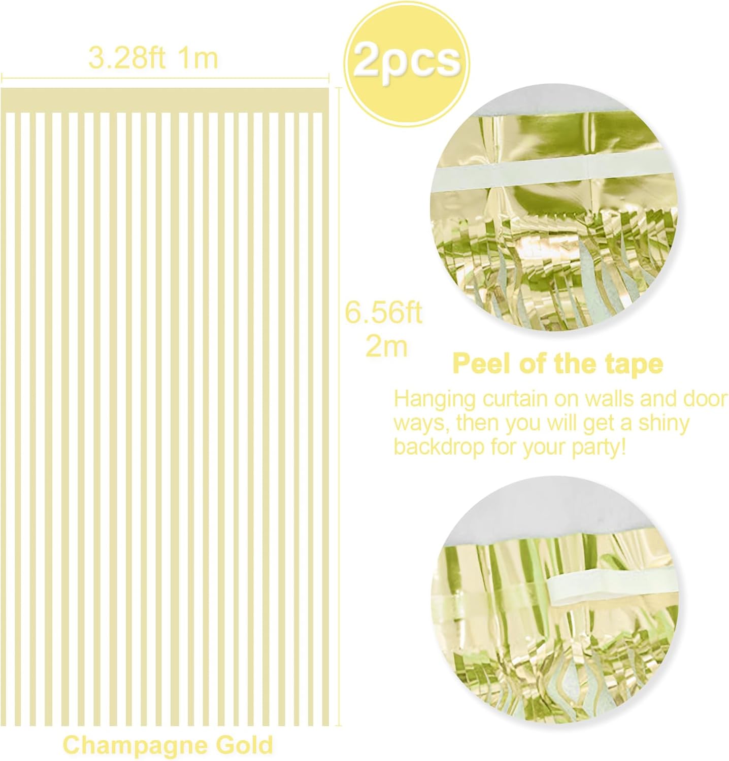 Metallic Tinsel Foil Fringe Curtains Backdrop Champagne Gold, 2 Pcs 3.28 ft x 6.56 ft Streamers for Birthday Party Graduation New Years Indoor Outdoor Photo Booth Windows Decorations Supplies
