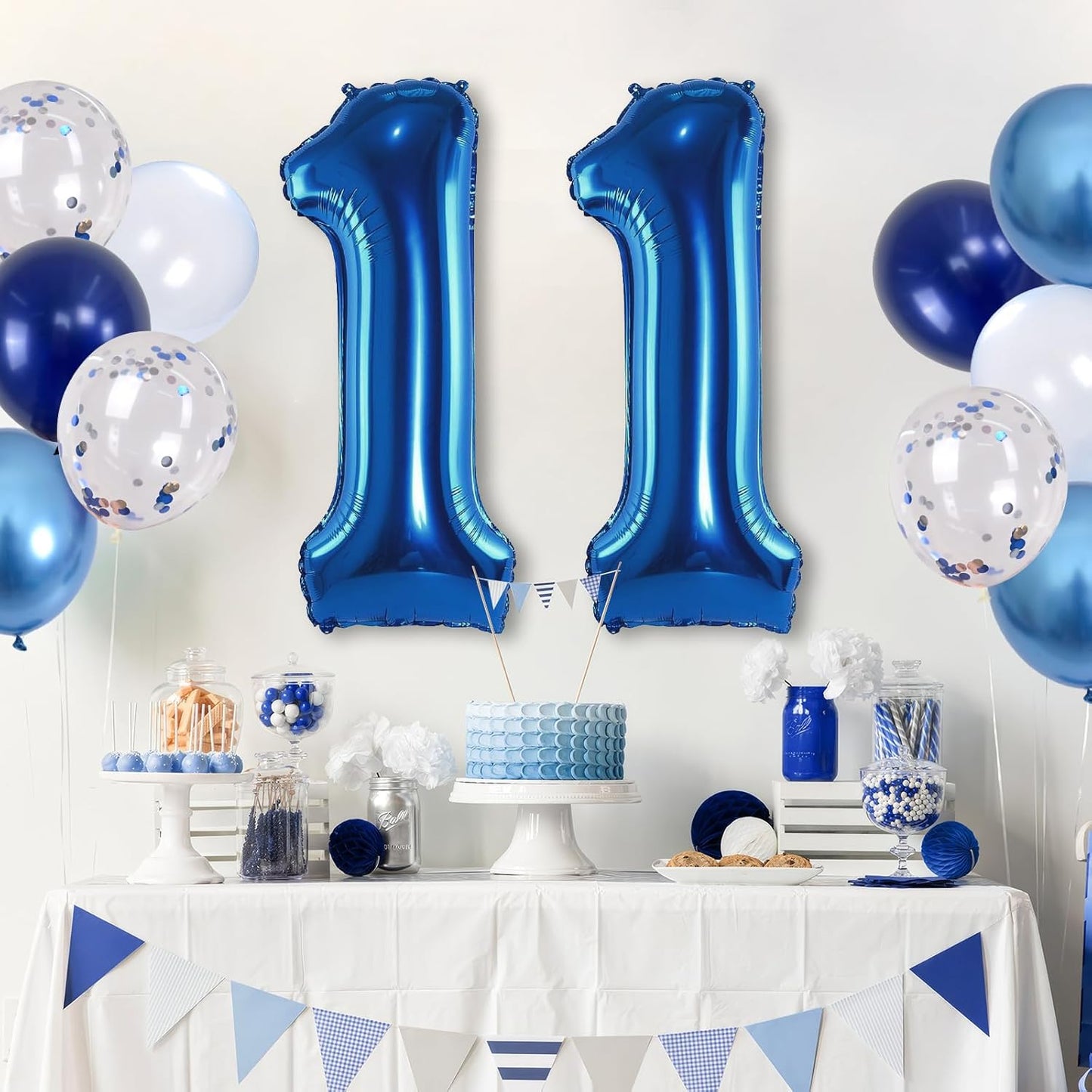 Foil Number Balloons 11, 40'' 11th Birthday Balloon with Pastel Navy Dark Blue Silver Confetti Helium Balloon, Self Inflating Big 11 Balloon Number for Boys Birthday Party Anniversary Decor Supplies