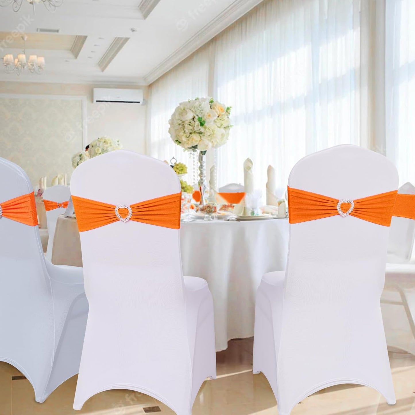 Howhic Pack of 60 Spandex Chair Sashes Bows Stretch Chair Cover Band with Buckle Slider Universal Elastic Chair Ties for Wedding Banquet Party Event Decoration (Orange)