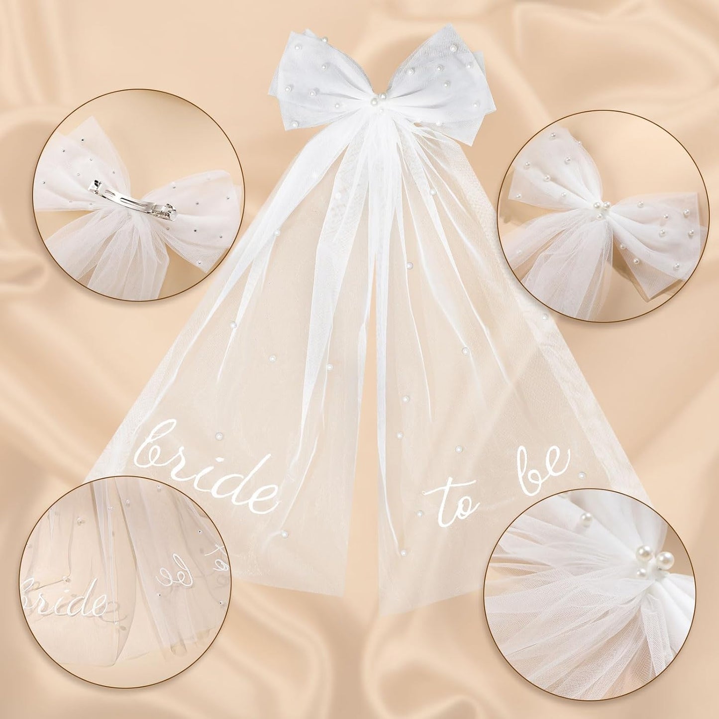 Bride to Be Bridal Veil White Pearl Bow Wedding Veil Hair Clip Tulle Bridal Short Veils for Women Girls Bachelorette Party Bridal Shower Bridesmaid Gift Engagement Party