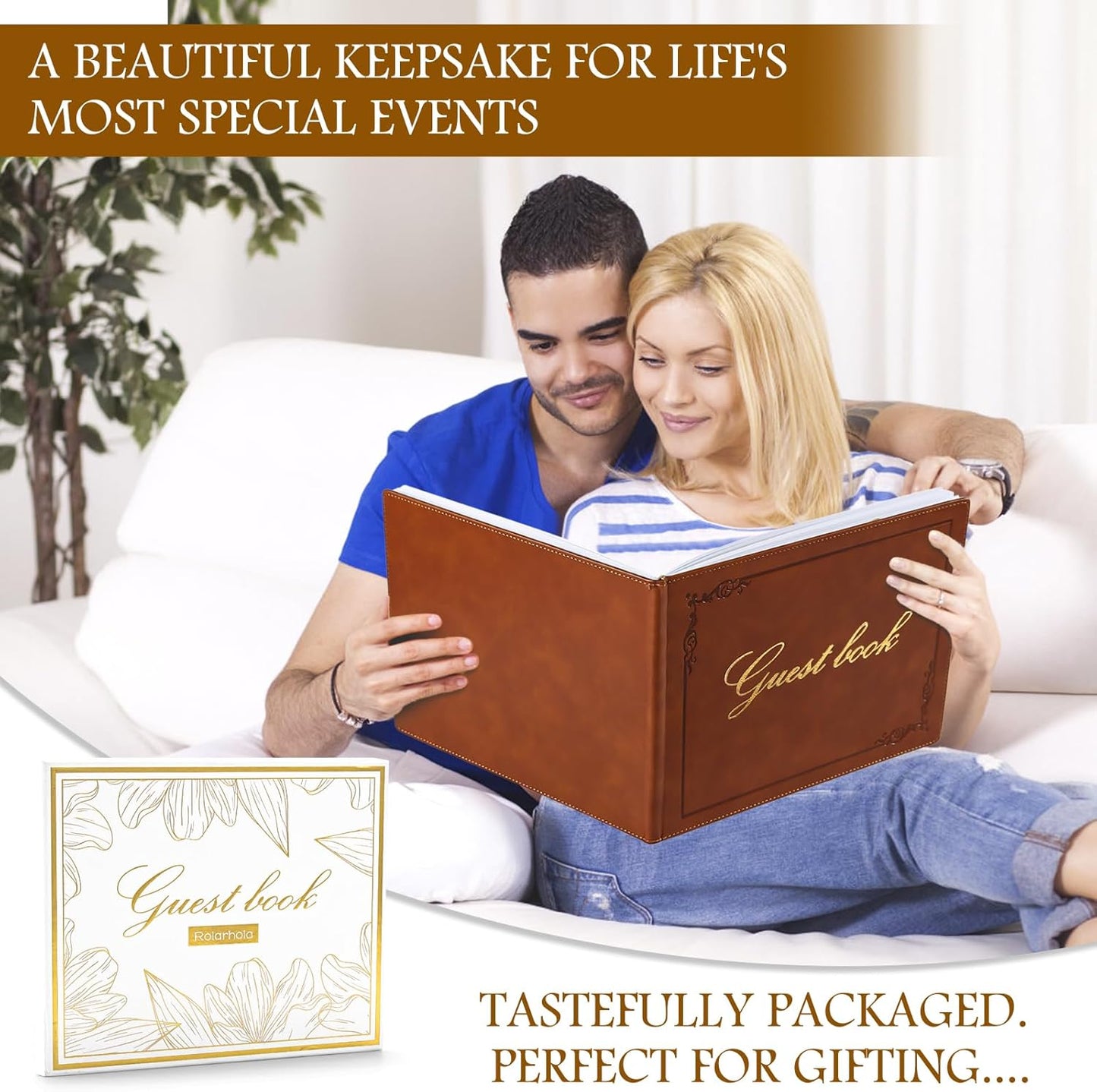 8x10 Leather Guest Book and Standup Sign Set, Gold Foiled Cover Registry Book for Wedding Reception, Retirement Party, Vacation Homes and Events, 120 Sheets (Brown)