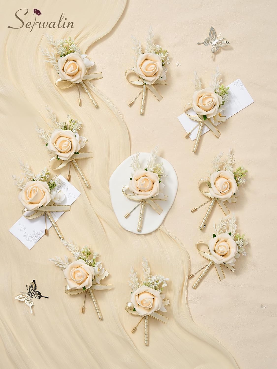 Serwalin 10Pcs Boutonniere for Men Wedding, Champagne Groom and Best Man Boutonniere, Artificial Flowers for Wedding Decor Prom Homecoming Ceremony Anniversary Formal Dinner Party