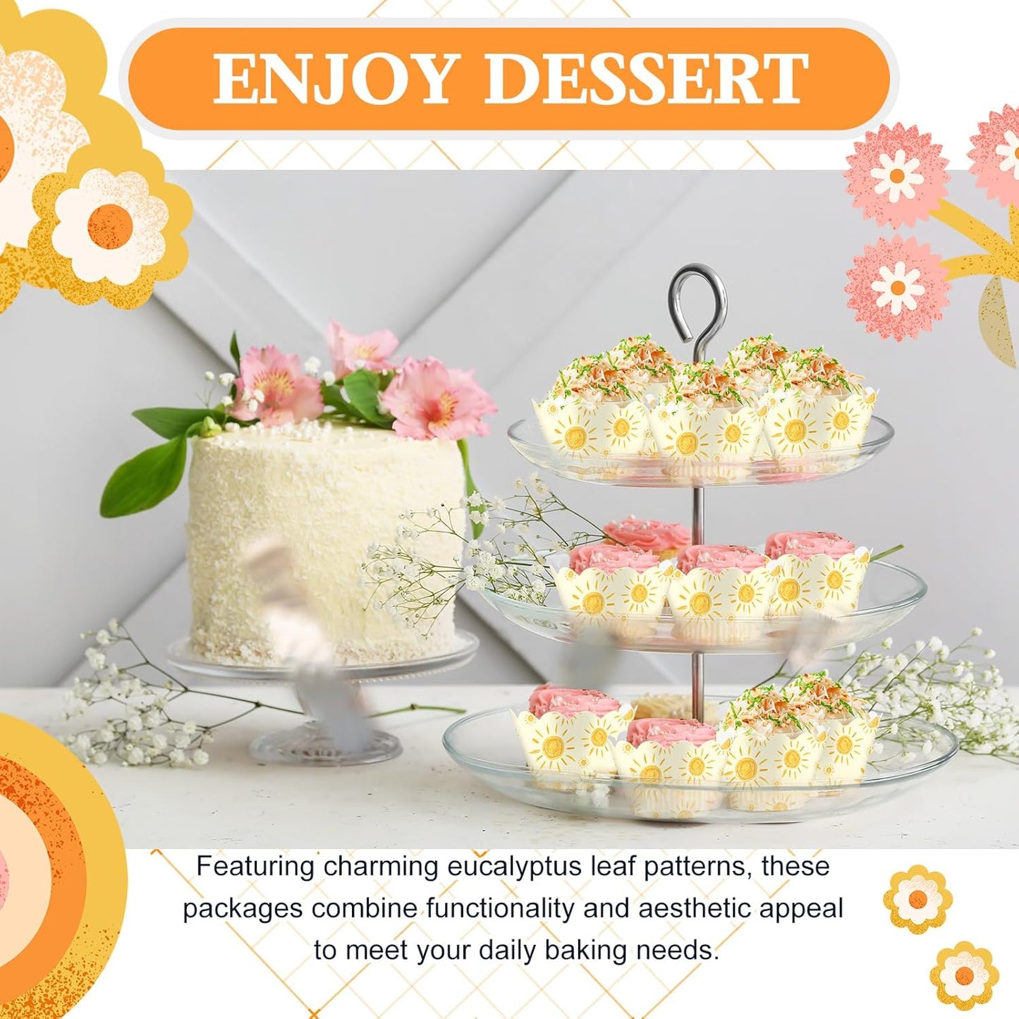 Domensi 100 Pcs Bohemian Sun Cupcake Wrappers Rustic Yellow Sunshine Cupcake Liners Baking Cups Baking Liners for Summer Picnic Wedding Bridal Baby Shower Birthday Party Supplies Dessert Decoration