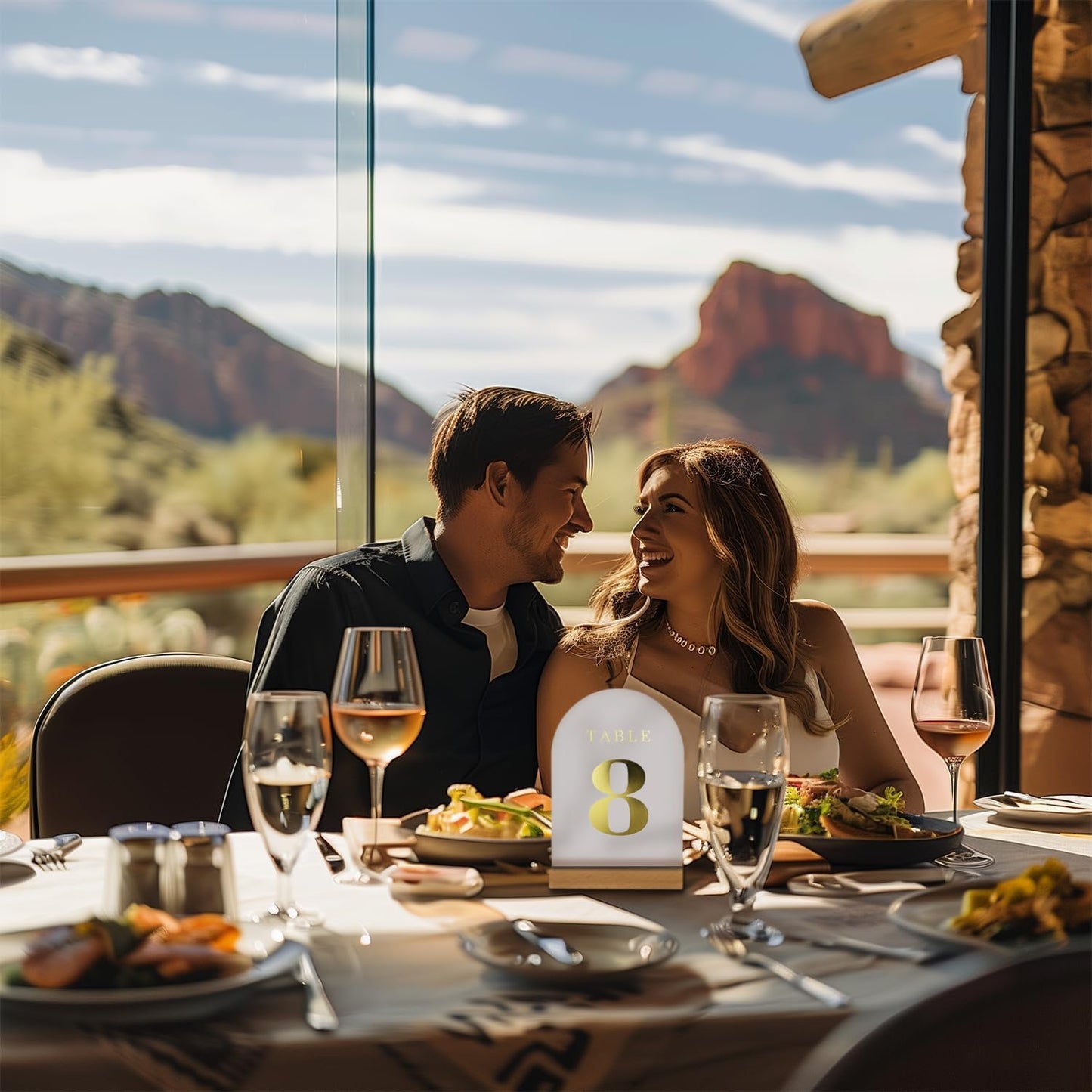 Wedding Table Numbers 1-15, Acrylic Arch Signs with Natural Wood Stands Holders, Rustic Table Decor for Reception & Parties (Frosted Gold)