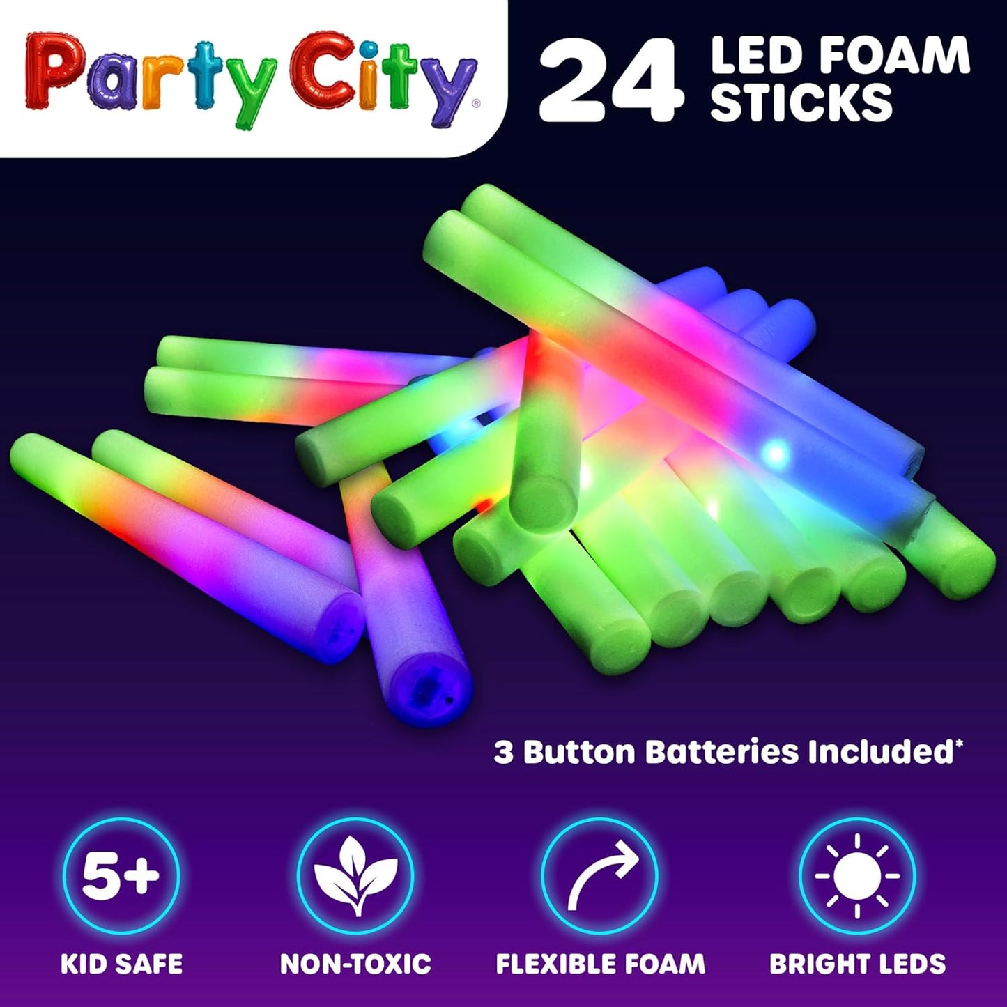 Party City 24pk LED Foam Glow Sticks 14”- Glow in the Dark Party Supplies Favors, Colorful Flashing Wand with 3 Modes, Foam Light Up Sticks Bulk Party Pack for Wedding, Birthday, Concert, Halloween