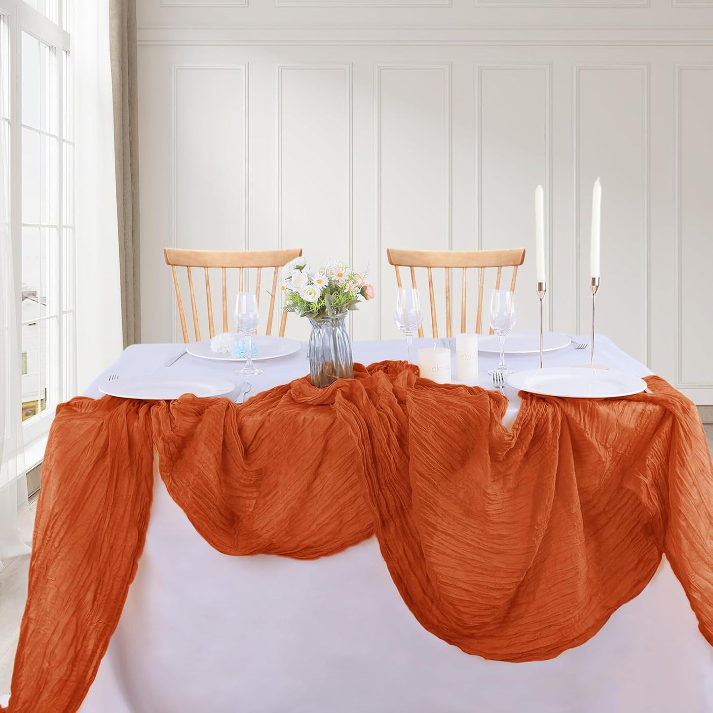 16PCS Orange Cheesecloth Table Runner - 10FT x 35x120Inch Boho Gauze Cheese Cloth Table Runner for Wedding Party, Baby Bridal Shower Table Decor