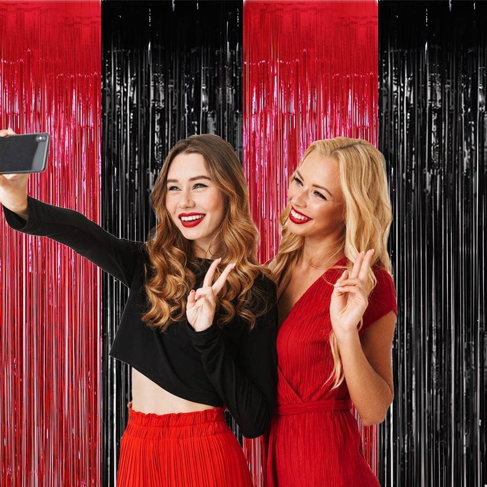 Red and Black Party Decorations- 4 Pack of 3.2x8.2ft Foil Fringe Curtains for 2025 Graduation Party Decorations Birthday Backdrop Decorations