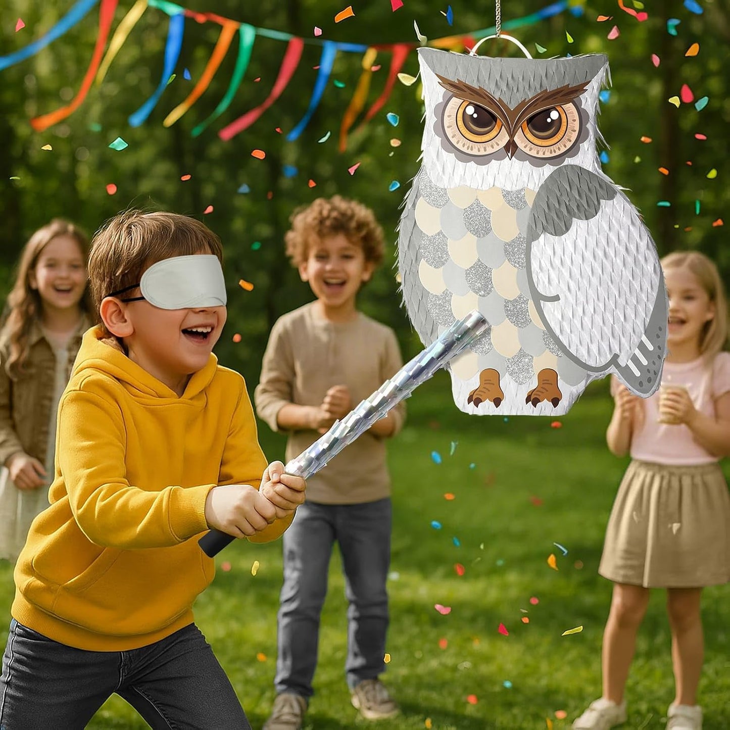 WERNNSAI Night Owl Piñata - Owl Wicked Pinata Hanging Woodland Forest Party Decorations for Kids Birthday Animal Shower Party Game Favor, with Blindfold and Bat