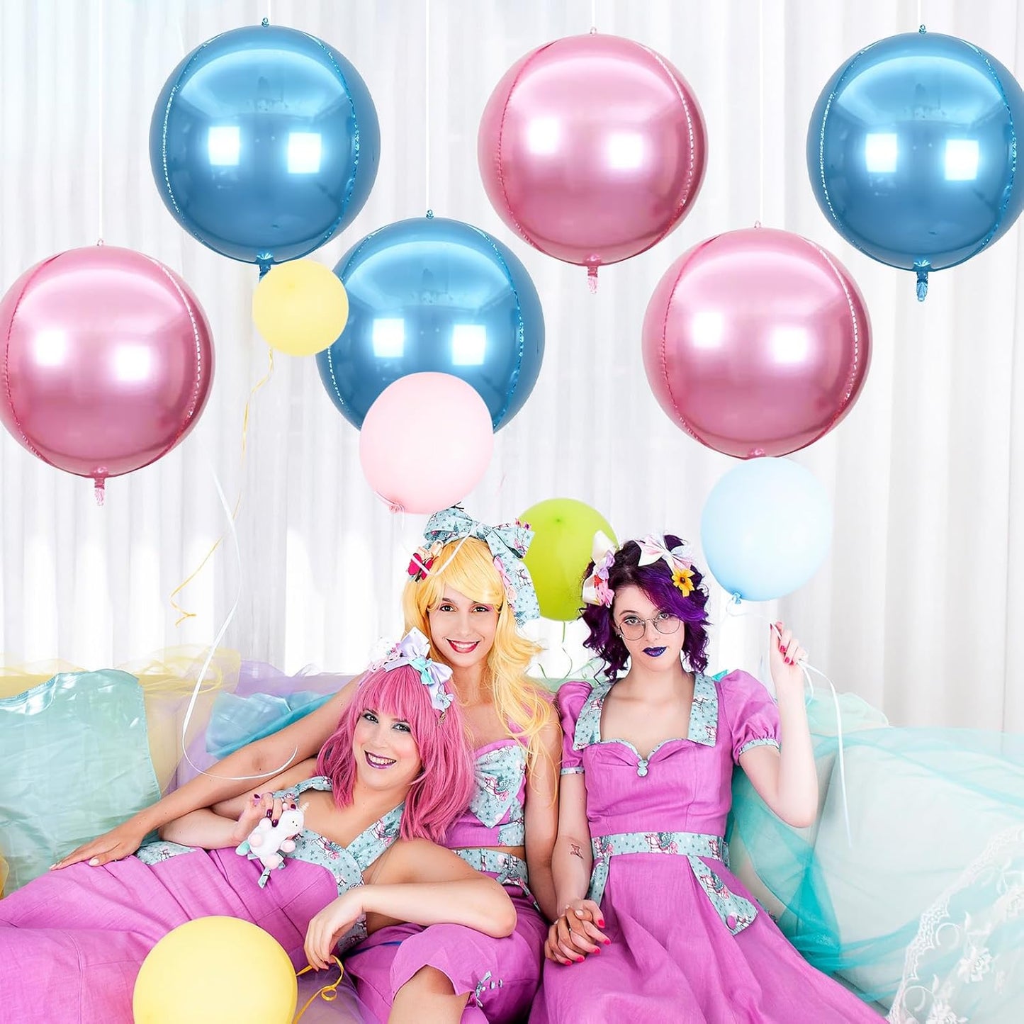 6Pcs blue Pink Round Foil Balloons,Giant 4D Round Ball Balloon,22 Inch Metallic blue Pink Balloons for Birthday Wedding Baby Shower Party Decorations