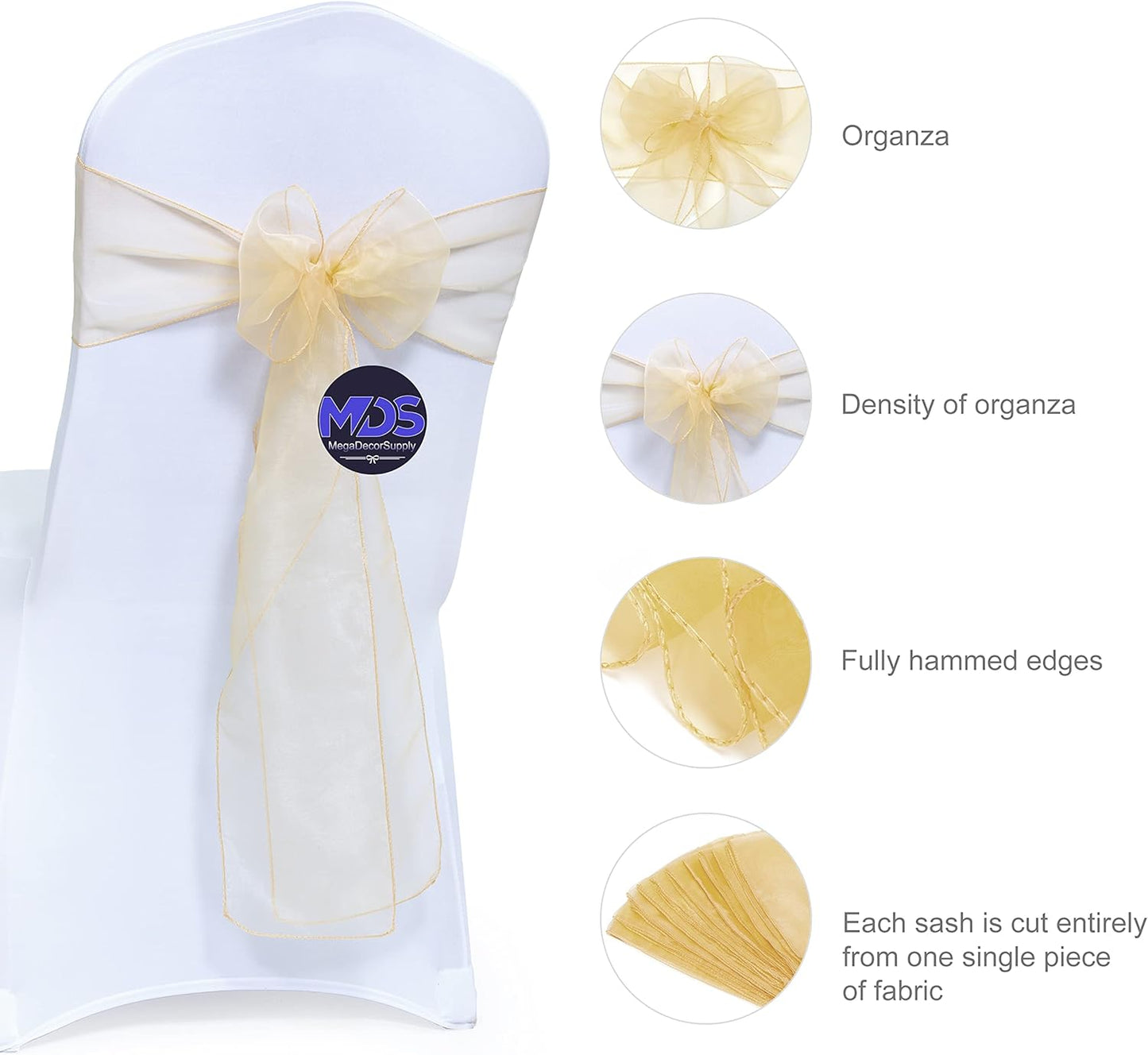 MDS Pack of 150 PCS Organza Chair Sashes Wider Dining Chair Bows Ribbon Tie Back for Wedding Party Birthday Bridal Shower Reception Event Banquet Home Chair Cover Decoration - Beige