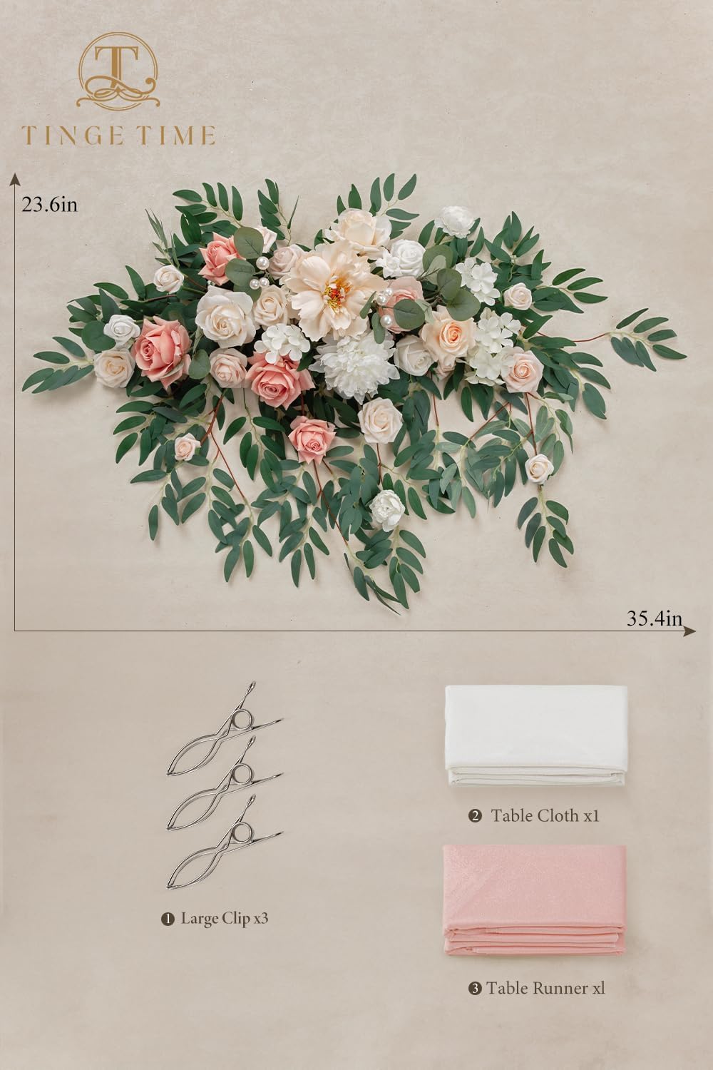 TINGE TIME Artificial Sweetheart Flower Swag with Table Cloth and Table Runner, Pack of 3 Floral Arrangement for Wedding Sweetheart Table Centerpiece Decoration (Dusty Rose & Champange)