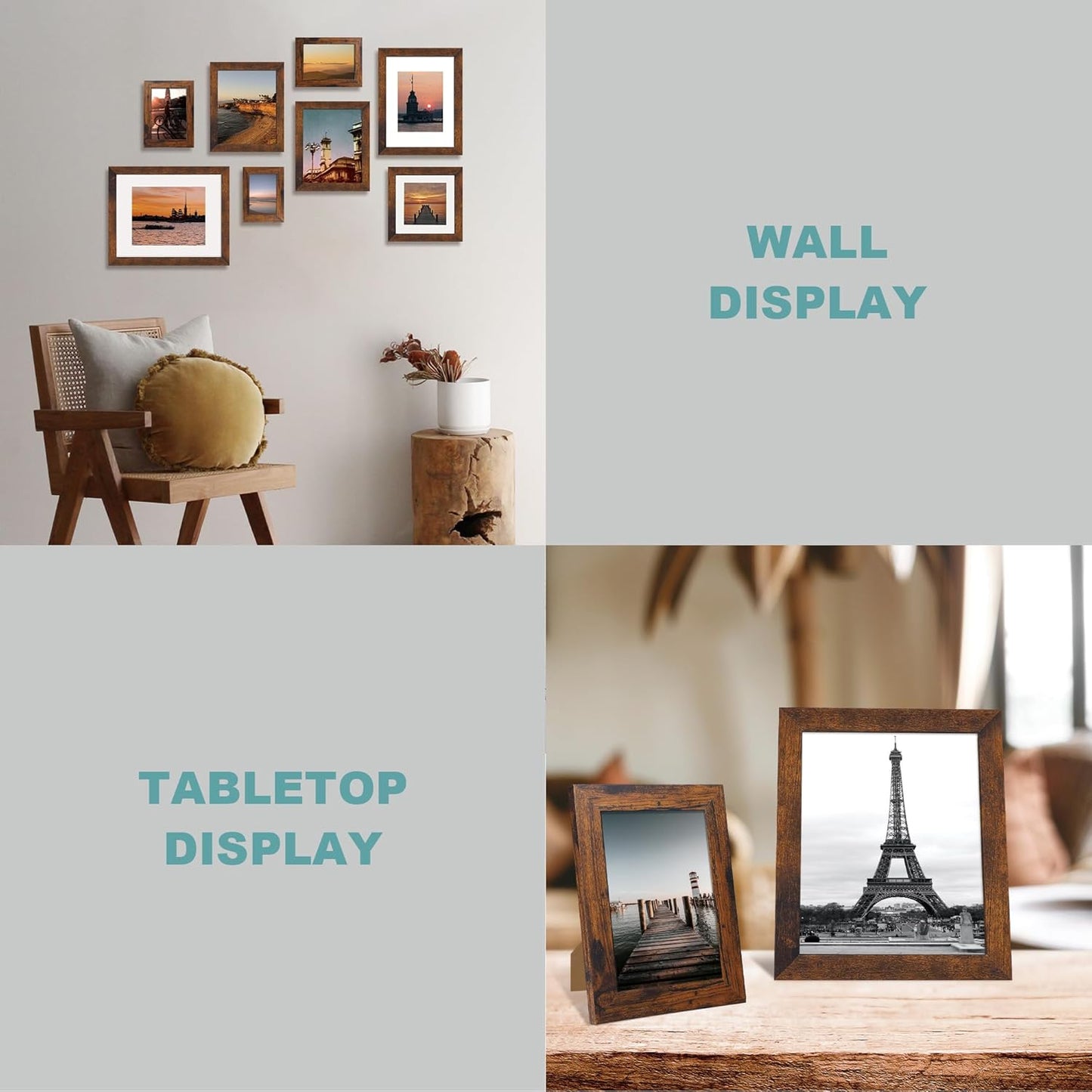 8x8 Picture Frame Set of 4 with HD Glass, Display 6x6 Pictures with Mat or 8 x 8 Without Mat, Rustic Wood Photo Frame for Wall Mount and Tabletop Display