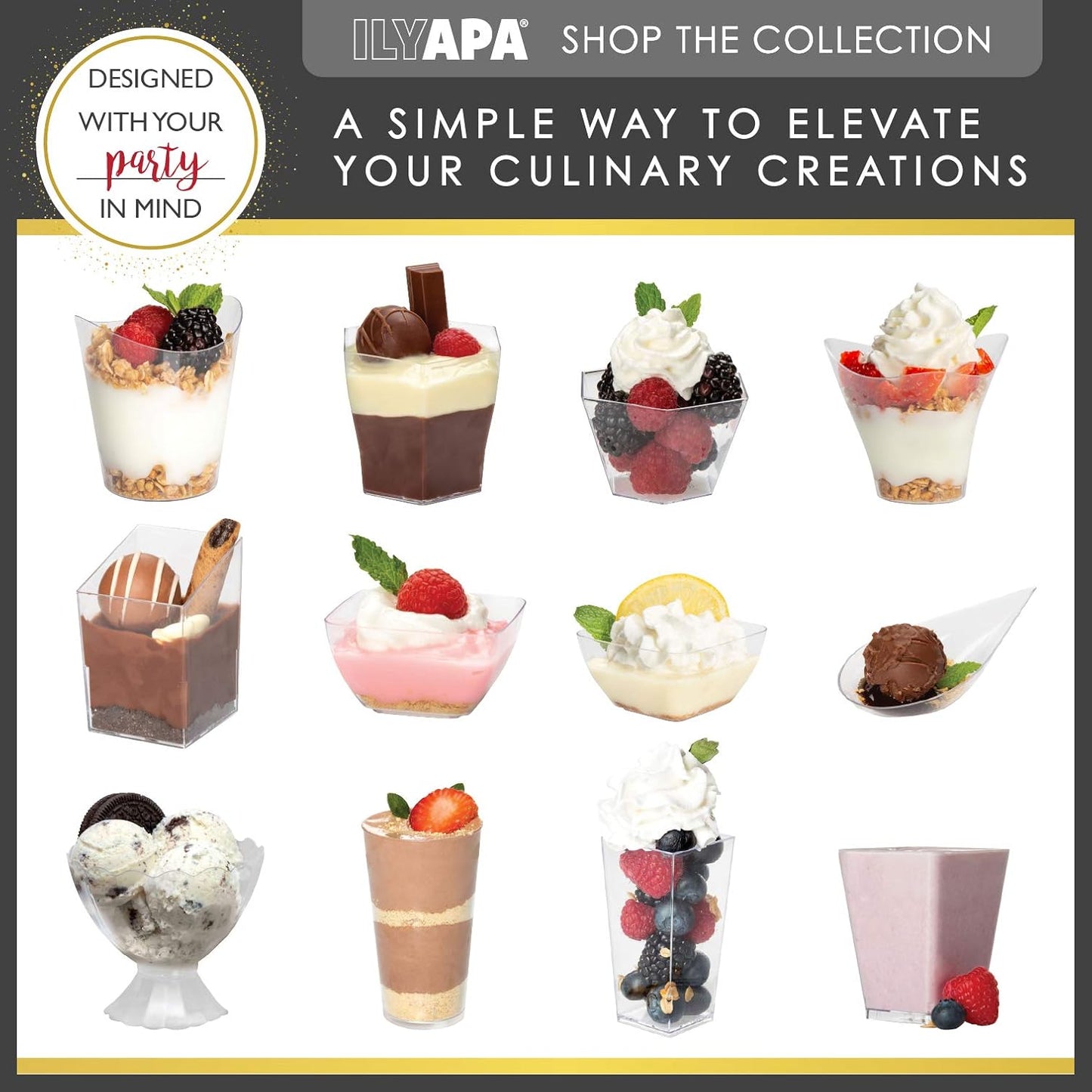 Ilyapa 4oz Plastic Dessert Cups - 100 Pack Mini Dessert Cups with Spoons - Clear Reusable Small Appetizer Cup for Cheesecake Shooters, Chocolate Mousse, Parfait - Party and Catering Supplies - Round