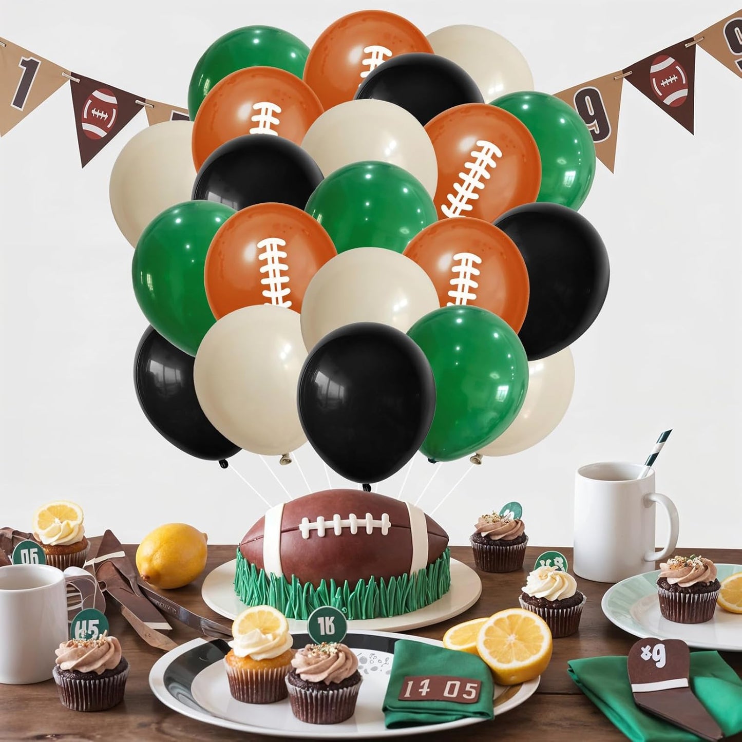 Football Balloons, 12 Inch Dark Green Black White Sand with Brown Printed Sports Latex Balloon for Kids Boys Game Football Sport Themed Birthday Party Decor Baby Shower Decorations Supplies