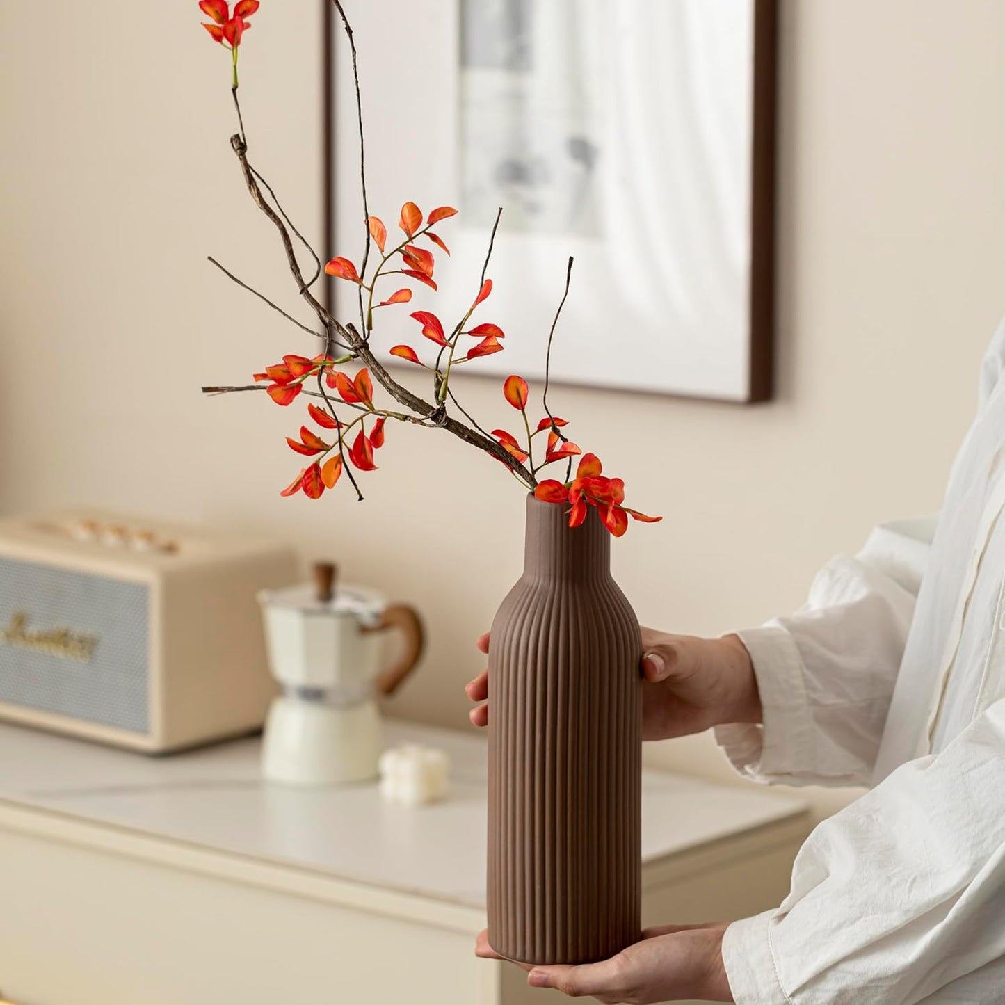 Modern Ceramic Vases Set of 3, Coffee Table Ribbed Decorative Vases, Shelf Table Centerpiece for Home Decor (Coffee Mix)