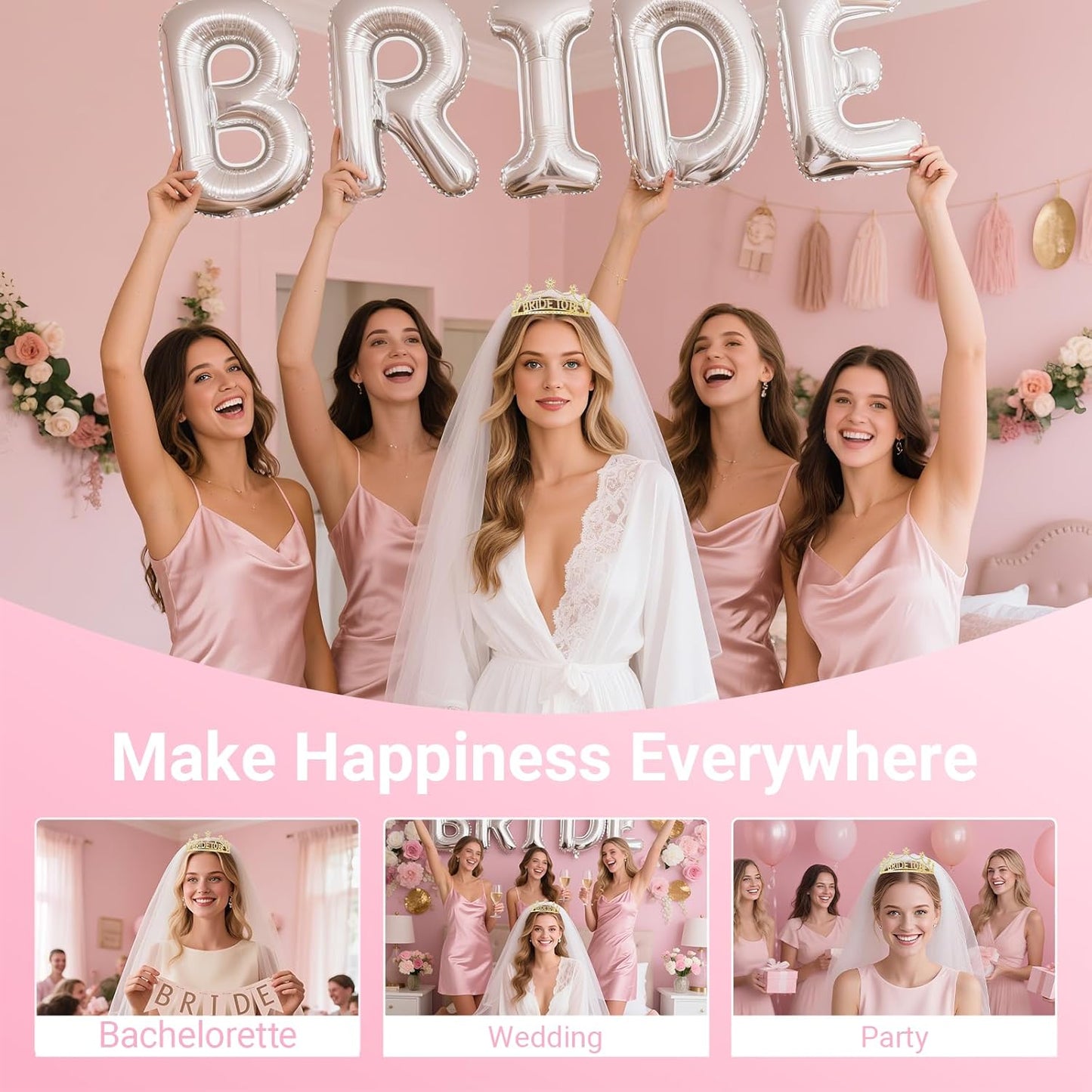 3Pcs Bride to Be Crown with Sash and Veil for Bachelorette Party Decorations,Bridal Shower Accessories for Gift, Favors