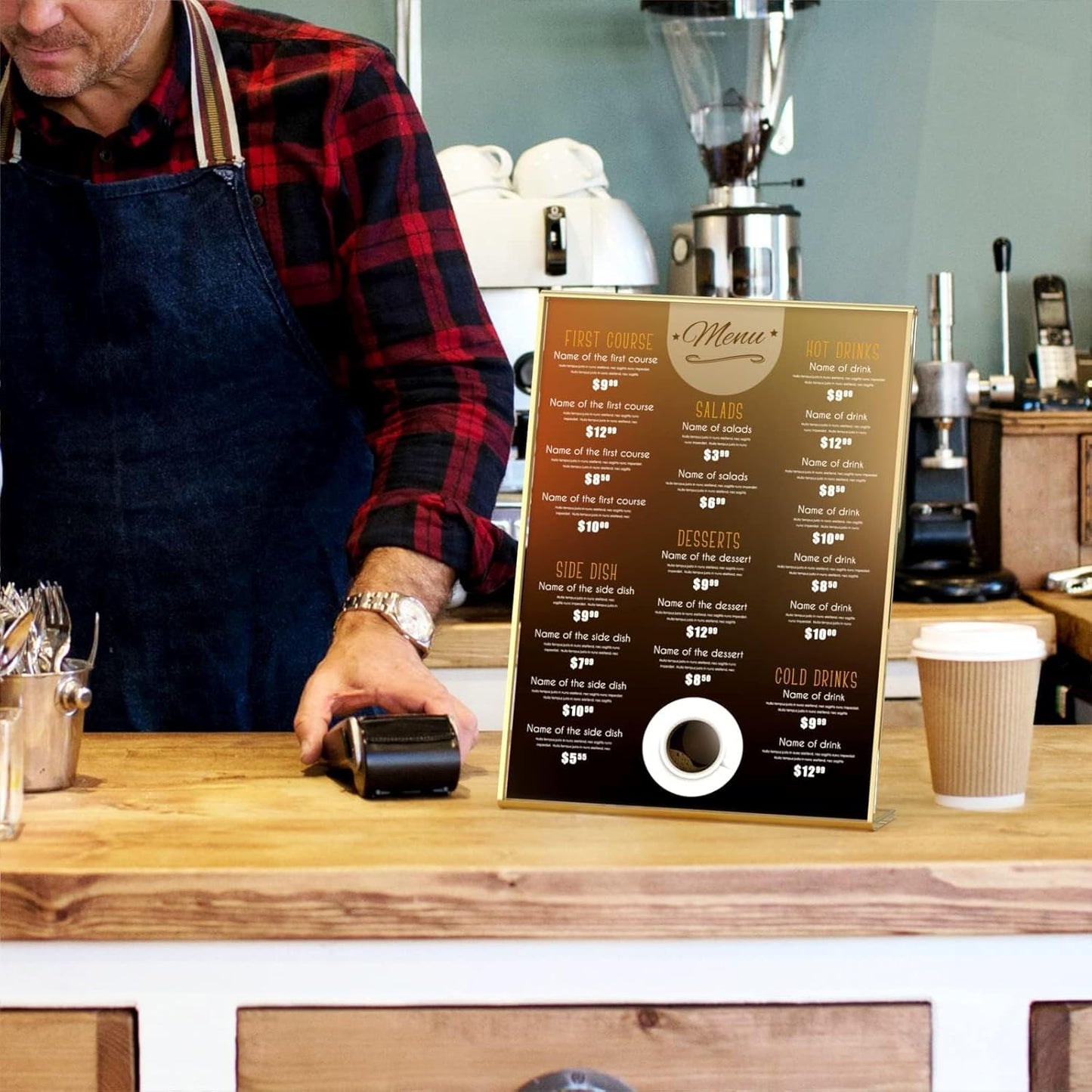 NIUBEE 8.5 x 11 Gold Frames, 6 Pack Acrylic Slanted Back Gold Picture Frames for Signs, Menu, Flyer and Art Display, Perfect for Wedding, Party, Event, Shop