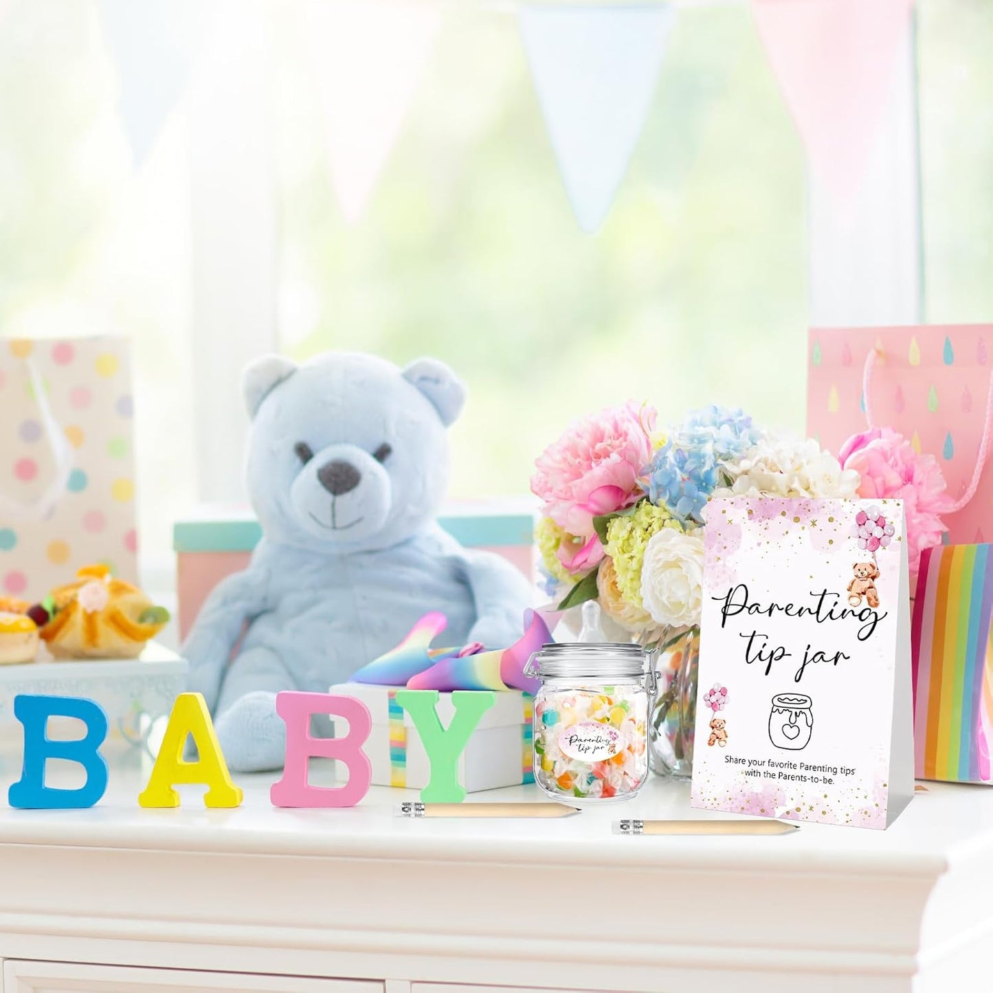Roowest Baby Shower to Baby Advice Cards for New Parents to Be - Tip Jar Sign for New Parents 60 Parenting Advice Cards 10 HB Pencils 2 Cute Stickers 1 Pet Bottle for Guests Games(Pink Bear)