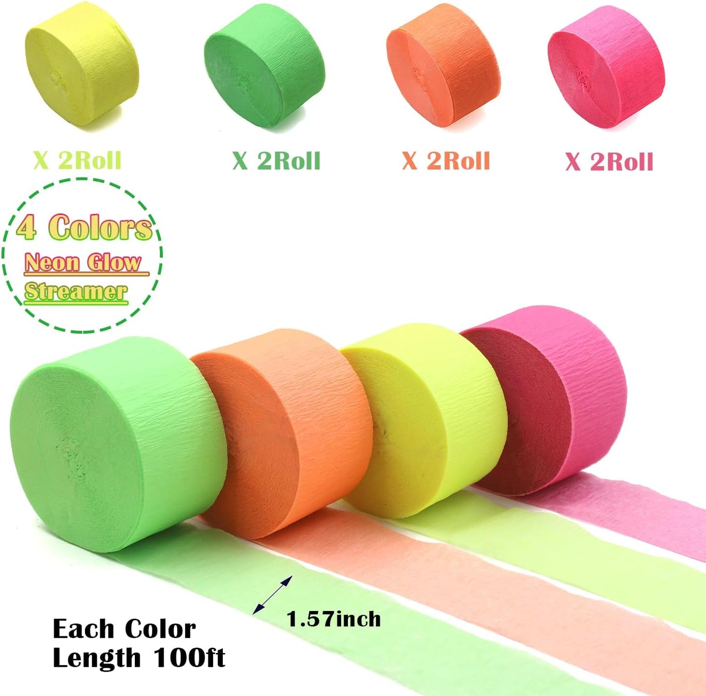 800 feet Glow Party Neon Streamer Decorations Glow Crepe Paper Streamers UV Reactive Fluorescent Neon Paper Streamers Glow in The Dark Party Supplies and Decorations Wedding Birthday Blacklight Party