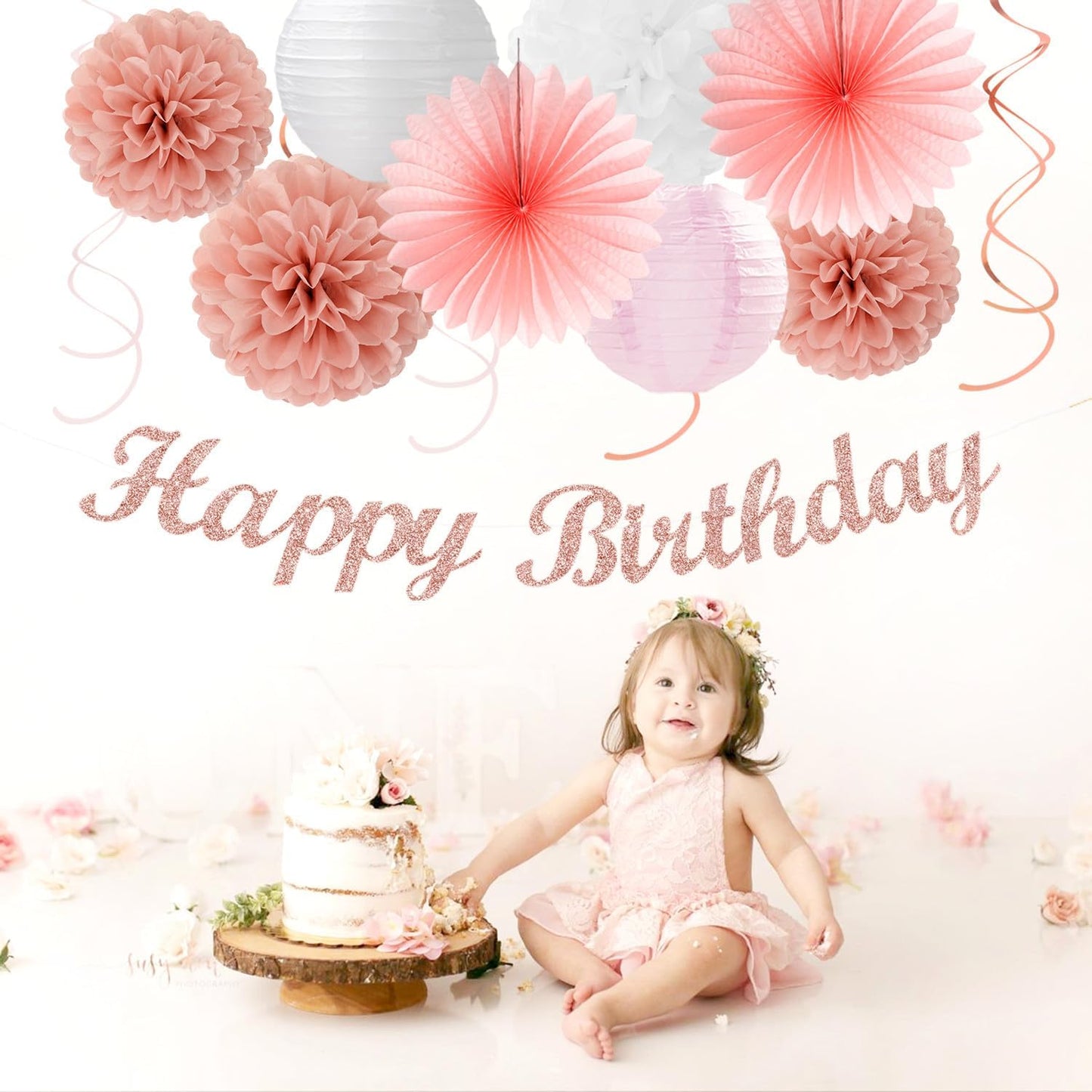 Rose-Gold Pink-White Happy Birthday Party-Decorations - 31pcs Sweet First 16 18th 21st Women Girls Paper Lanterns Streamers Banner,Tissue Pom Poms Decor,Flower Fans Tassels Graland Supplies Hugmoon