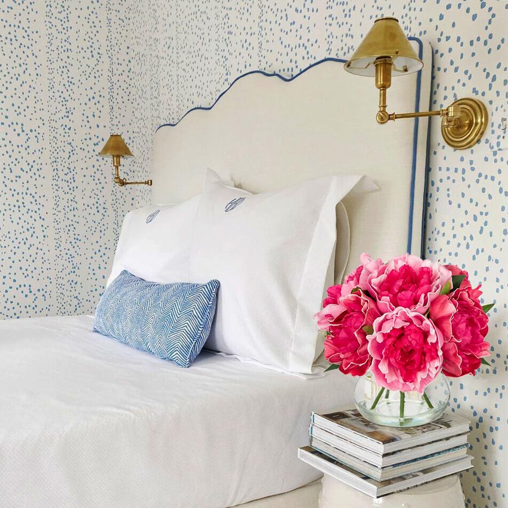 Hollyone Peonies Artificial Flowers with Vase Hot Pink Faux Flowers Peony Fake Flowers Silk Flower Arrangements in Glass Vase with Faux Water for Home Decor Bathroom Table Centerpiece Decorations