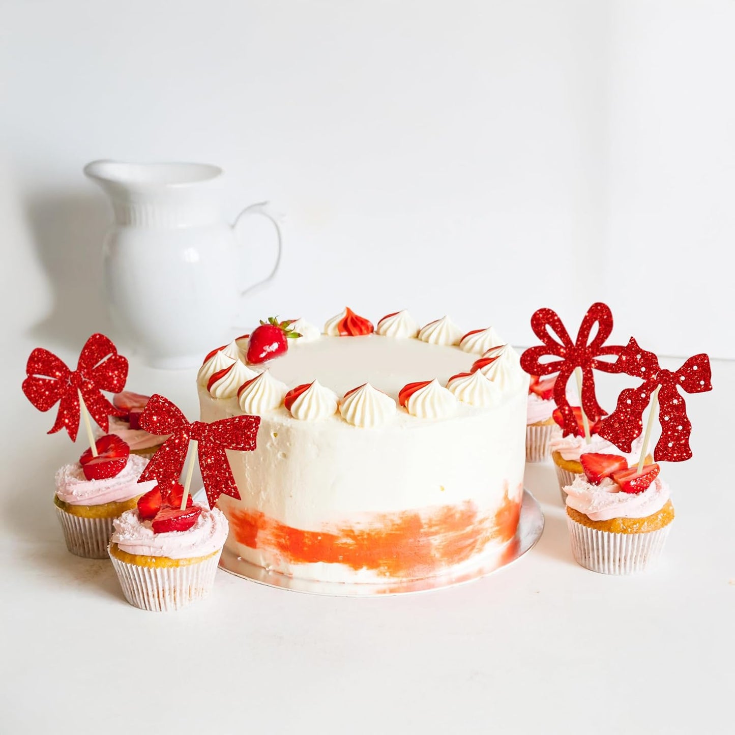 Ephlyn 24Pcs Bow Cupcake Toppers Bow Birthday Cake Topper Girls Birthday Party Decorations Bowknot Cupcake Decorations for Bridal Baby Shower Birthday Wedding Themed Party Red