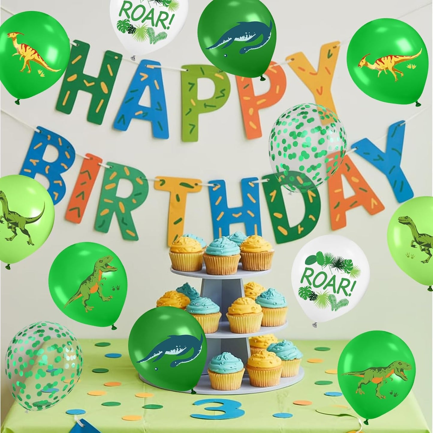 Dinosaur Balloons, 12 Inch Dark Fruit Light Green White Dinosaur Printed Latex Balloons for Boy Dino Birthday Party Decorations Jungle Baby Shower Safari Backdrop