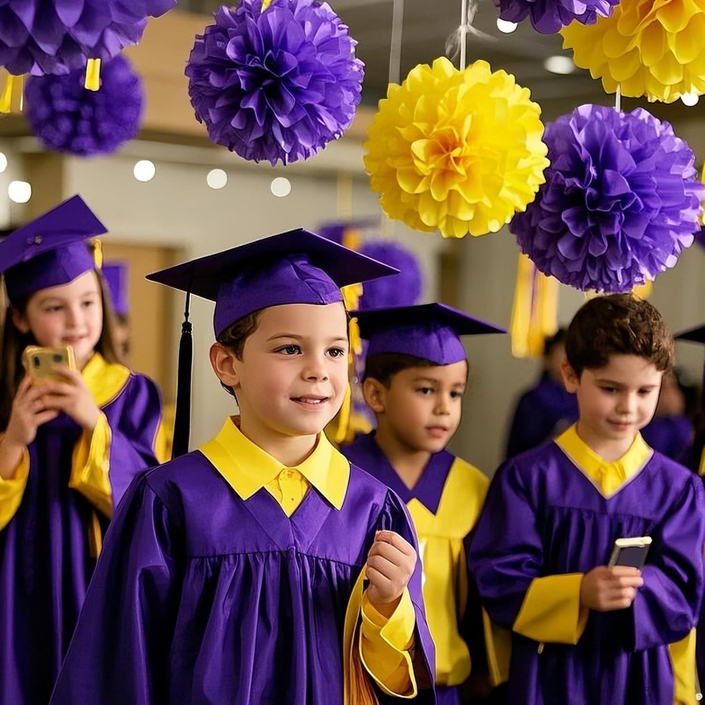 Capesaro Purple Yellow Tissue Paper Pom Poms,12PCS Tissue Paper Flowers for Basketball Sport Theme Party Birthday, Graduation Decorations, Football Party Supplies for Men Boys Adults Sports Theme