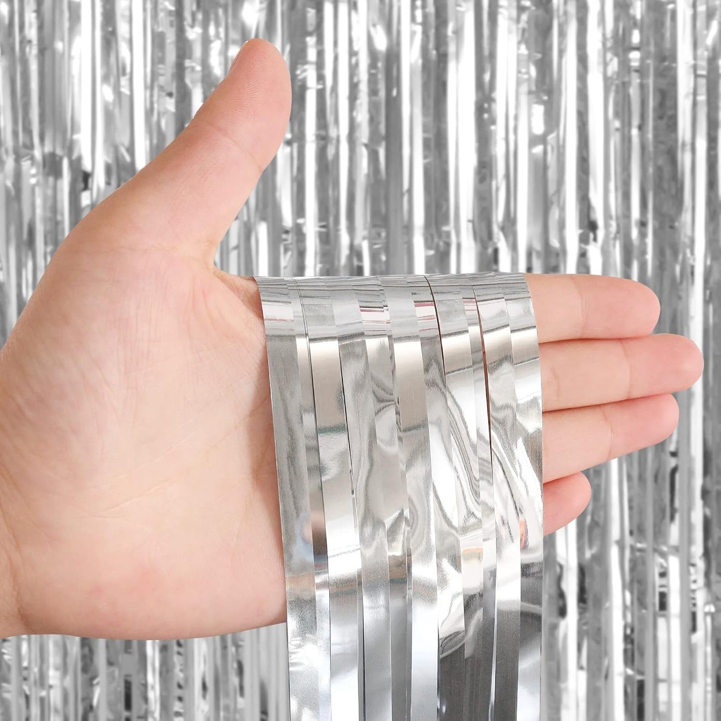 2 Pack Silver Fringe Curtains Foil Shiny Fringe Backdrop Tinsel Door Streamers Foil Curtains for Birthday Wedding Engagement Bridal Shower Celebration Party Decorations Large