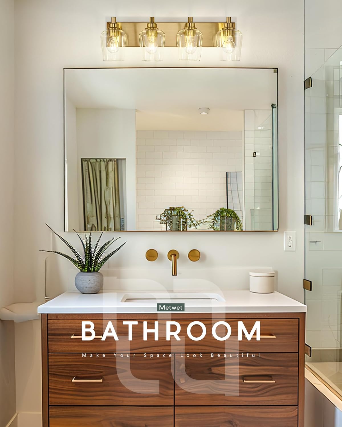 Bathroom Light Fixtures, 4-Light Modern Vanity Light with Clear Glass Wine Glass-Shaped Shade, Vanity Lighting Fixtures Over Mirror, Brushed Gold, VL155-BG-4