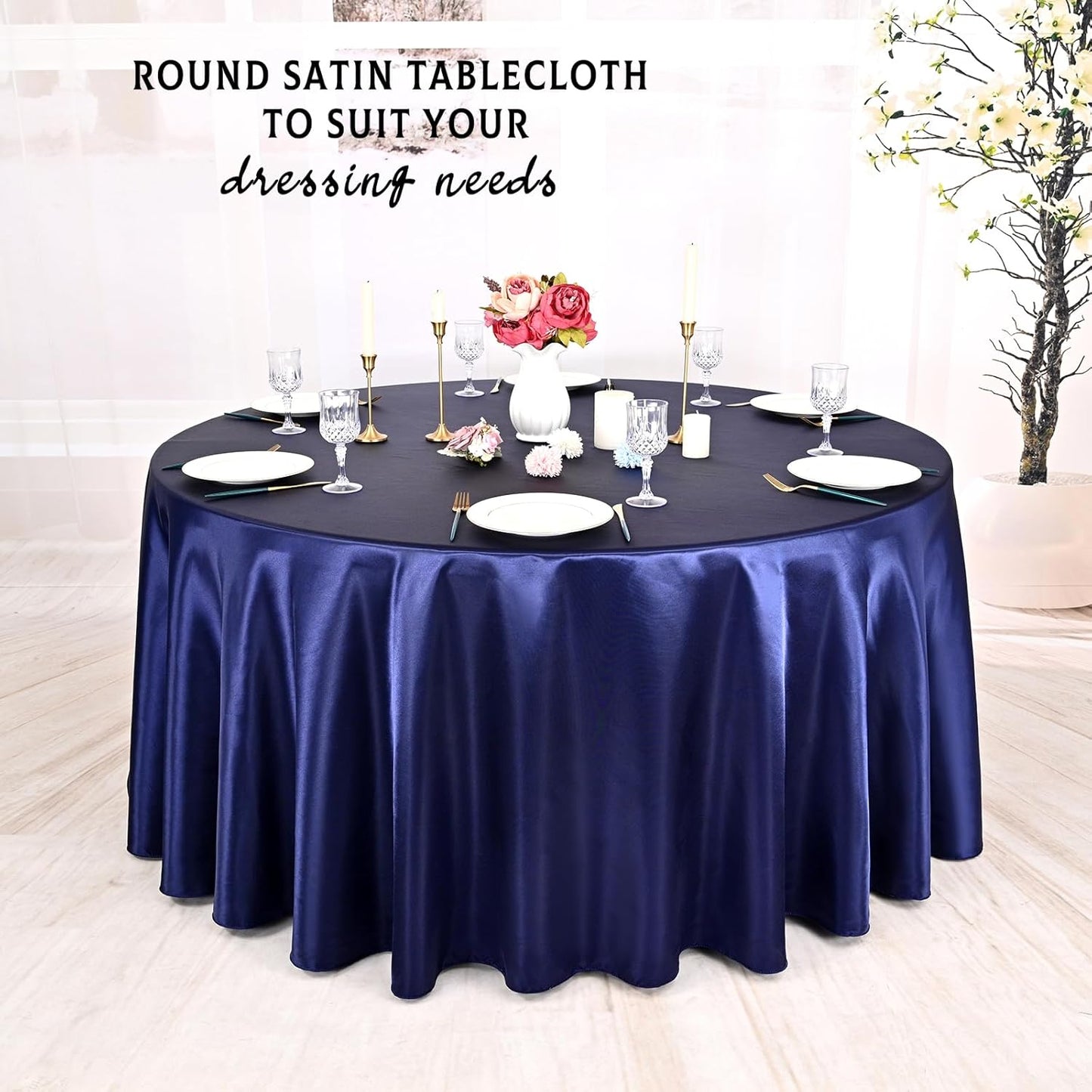 6 Packs Satin Tablecloth 120 Inch Navy Blue Round Table Cloth Silk Tablecloth Smooth Fabric Overlay Satin Table Cover Decoration for Wedding Party Banquet Events