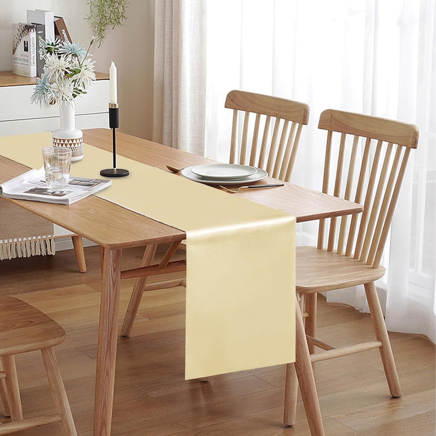 10 Pack Satin Table Runner 12 x 108 Inch Long Champagne Silk Table Runner for Wedding Party Banquet Birthday Decoration