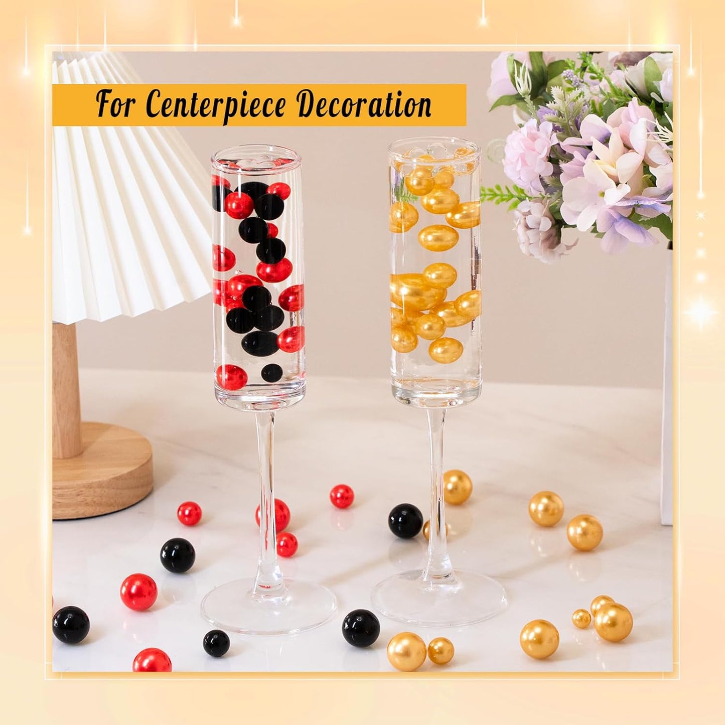 300Pcs Pearl Vase Filler, Gold No Hole Faux Pearl Beads for Centerpieces Vases, Candle Centerpieces, Wedding Birthday Party Home Decor 8/10/14/20mm