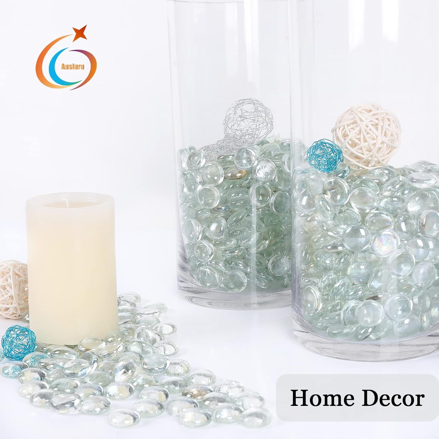 5LB Fire Glass Beads Flat Glass Marbles for Outdoor Fire Pit and Fireplace, Glass Gemstones for Vase Filler, Aquariums, Hydroponics Plants, Home Decor and Christmas DIY Craft, Clear