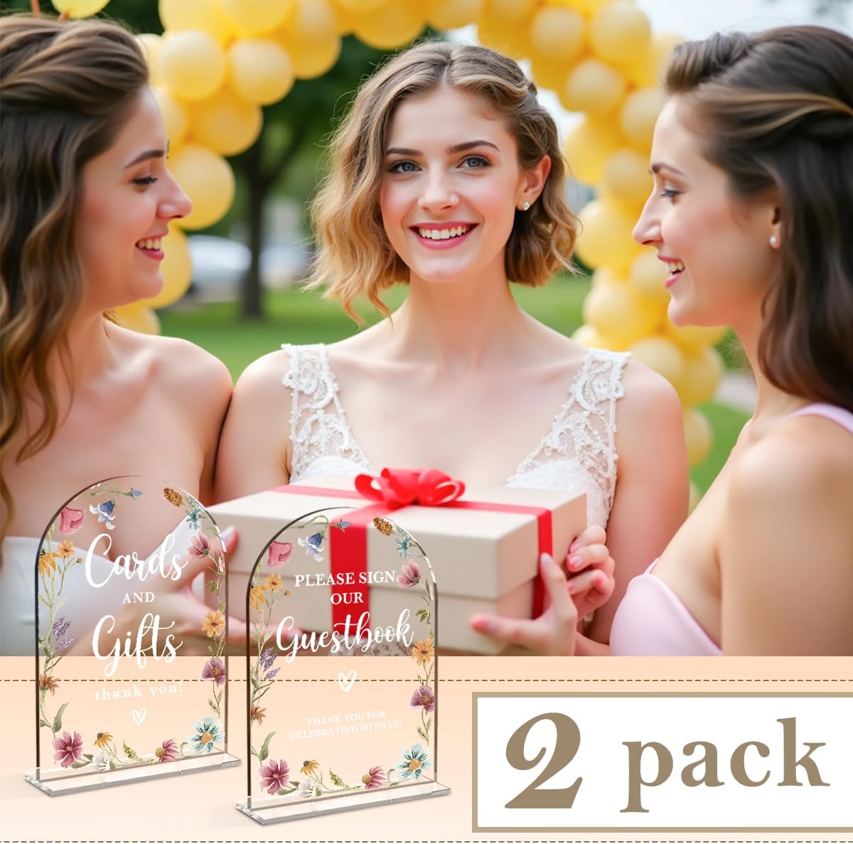 2 Pcs Acrylic Wedding Signs for Reception, Bridal Shower Decorations, Cards and Gifts Signs, Guest Book Sign, Arch Acrylic Table Top Sign with Holder for Wedding Reception (Clear Wildflowers)