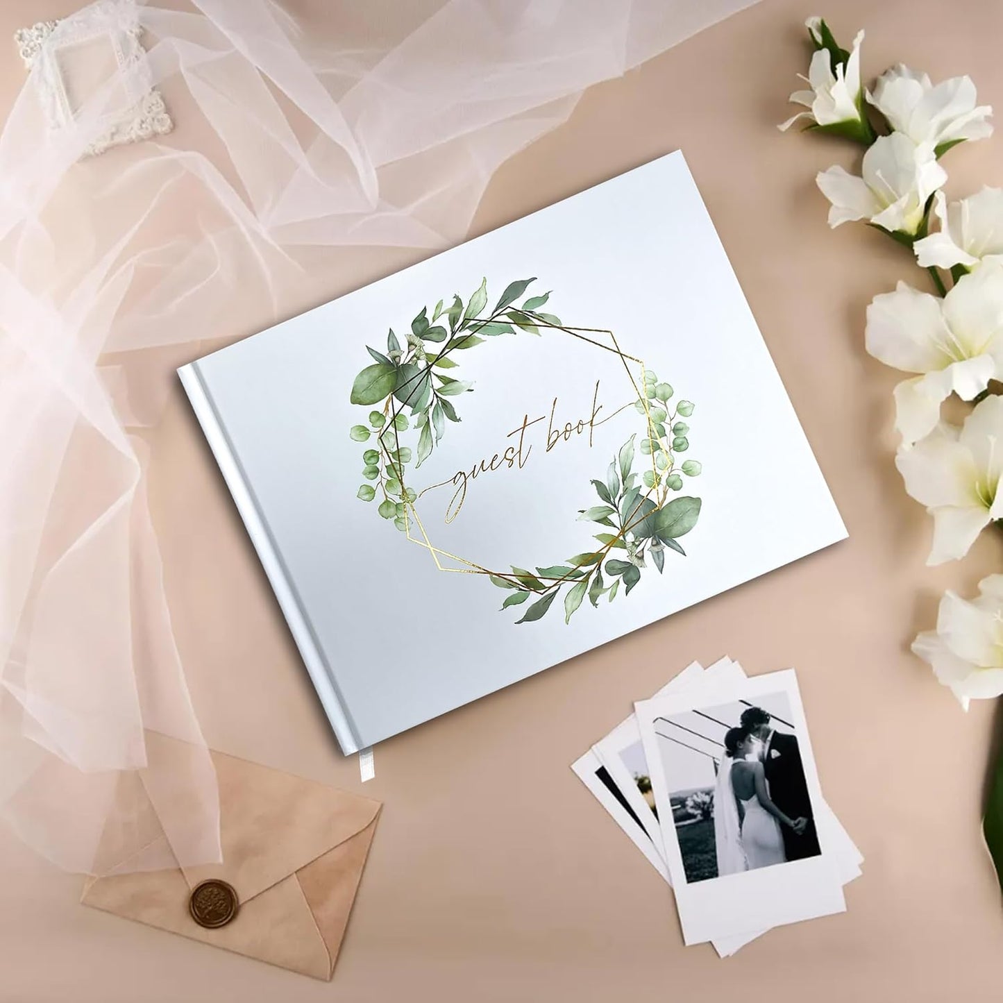 Mr&MrsGifts Elegant Wedding Guest Book Wedding Reception Hard Cover Guest Sign in Book for Bridal and Baby Shower(Garland)