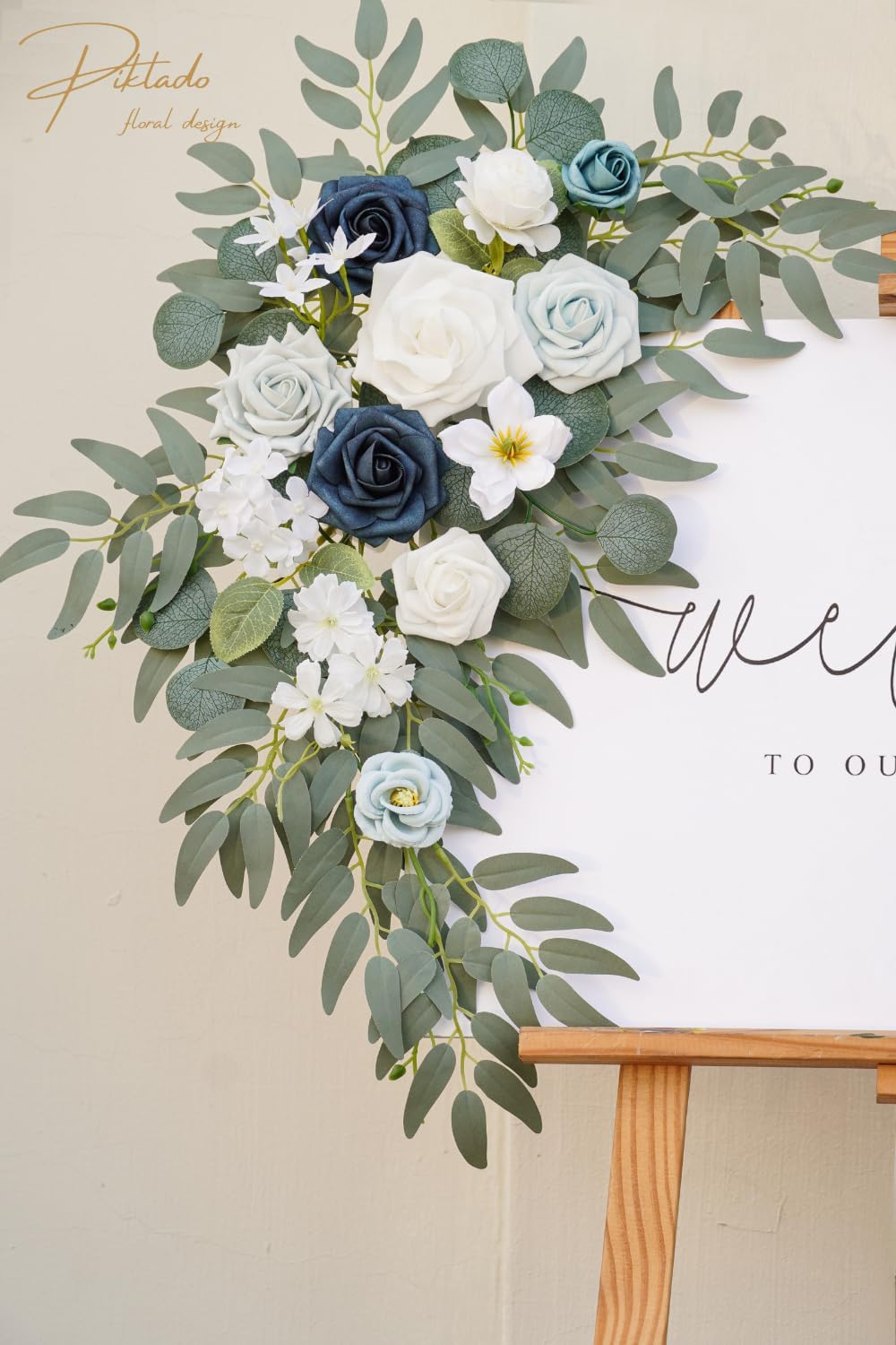 Faux Flower Swag Set of 2 for Wedding Welcome Signs Floral Swag Wedding Reception Ceremony Signs Decor (A-White Blue)