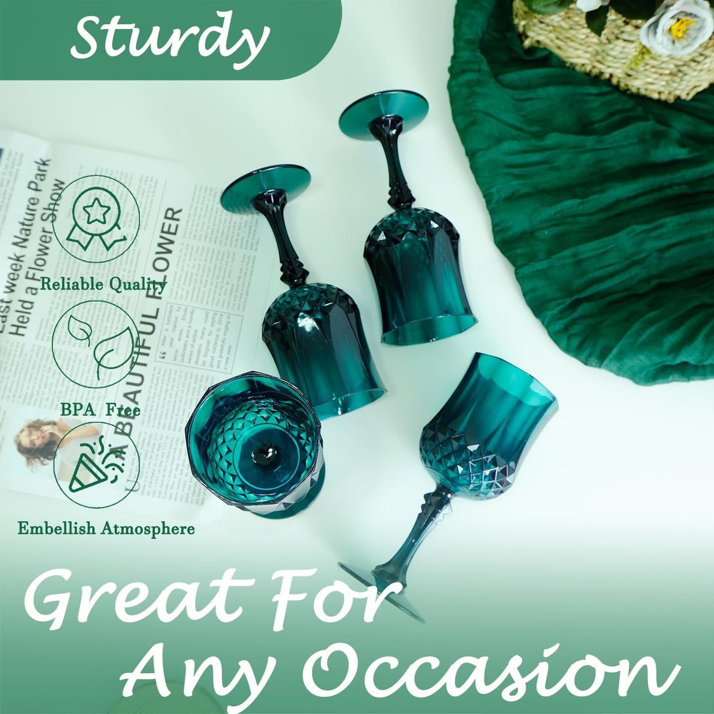 Plastic Wine Glasses,Plastic Goblets Vintage Style Cordial Drinking Glasses for Wedding Reception, Christmas Grand Event Party Supplies (48, Green)