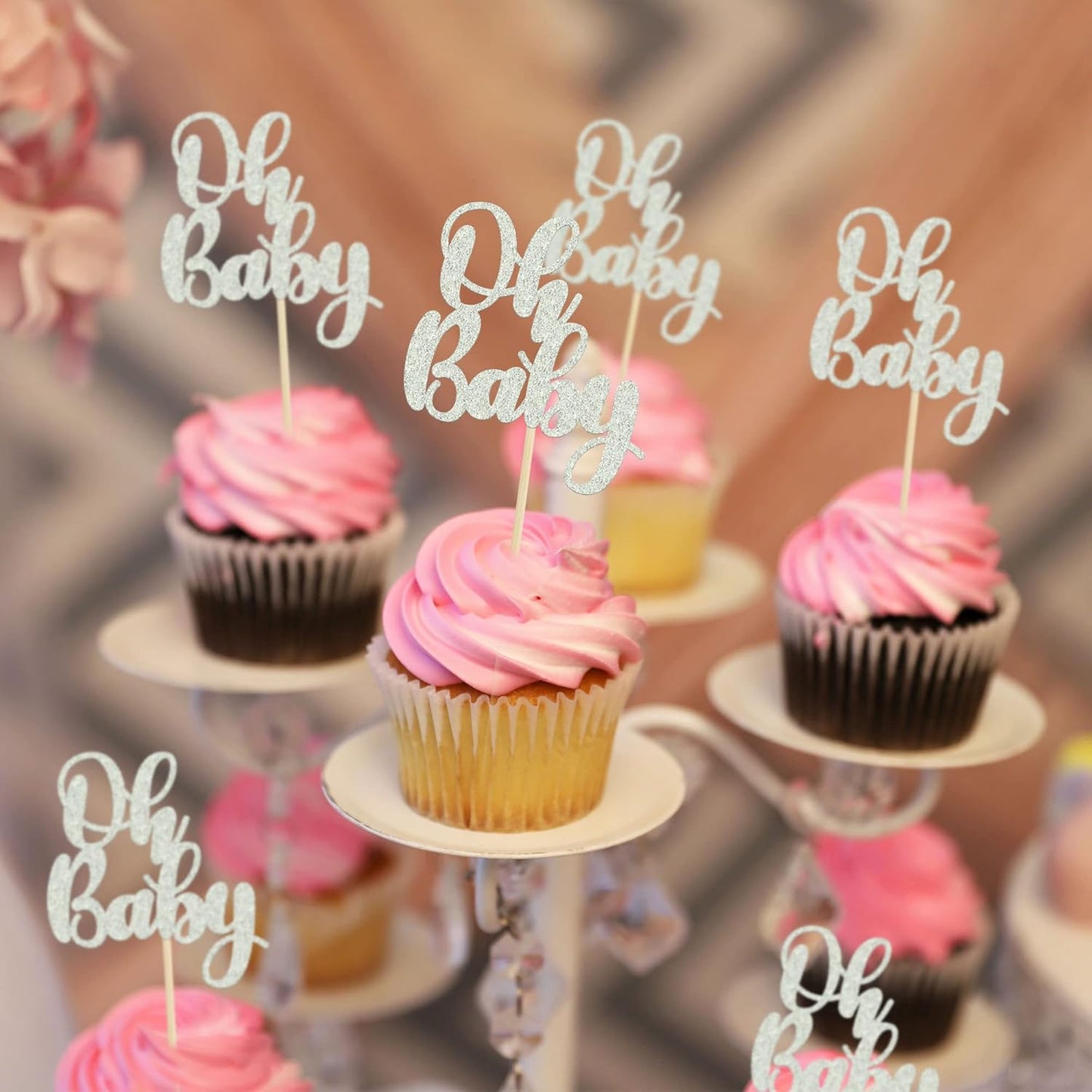 Gyufise 36 Pack Oh Baby Cupcake Toppers Silver Glitter Baby Shower Cupcake Picks Boys Girls Birthday Party Cake Decorations