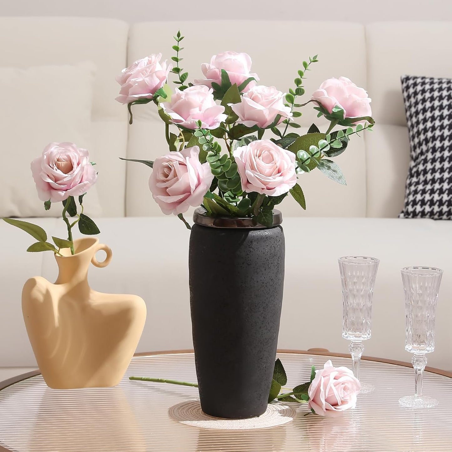 Tifuly Champagne Pink Roses Artificial Flowers - 12 Pcs Long Stem Silk Roses, Realistic Fake Roses with Stems for Bridal Bouquets, Home and Office DIY Decor