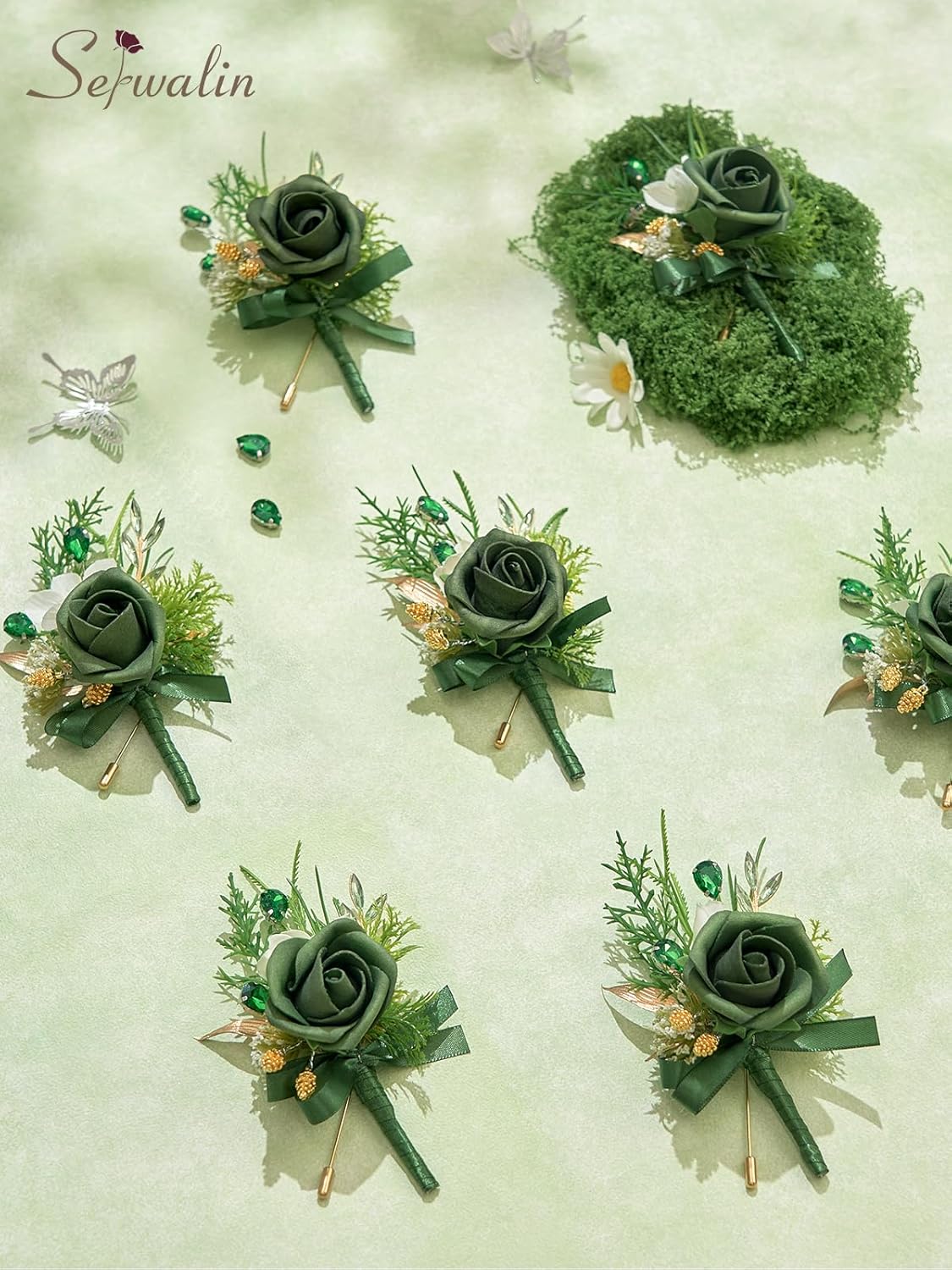 Serwalin 10Pcs Boutonniere for Men, Green Groom and Best Man Boutonniere, Artificial Flowers for Wedding Decor Prom Homecoming Ceremony Anniversary Formal Dinner Party