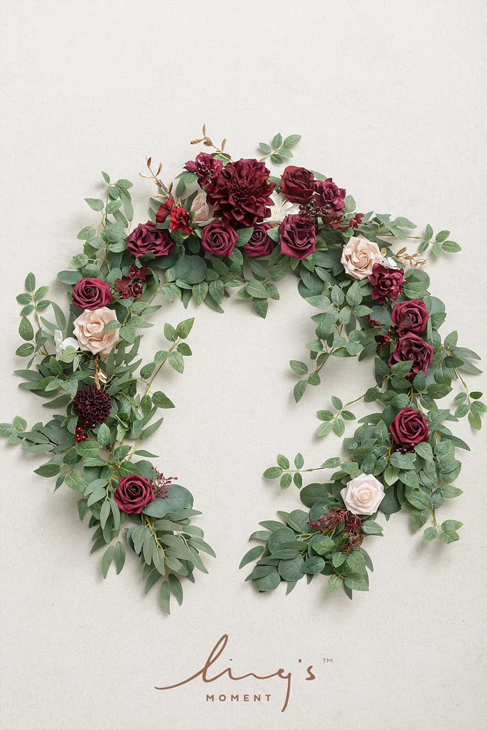 Ling's Moment Flower Garland - 6FT Eucalyptus & Rose - Sweetheart Table Decor for Wedding Reception, Artificial Floral Garland for Mantle, Thanksgiving, Christmas Decoration, Marsala & Blush