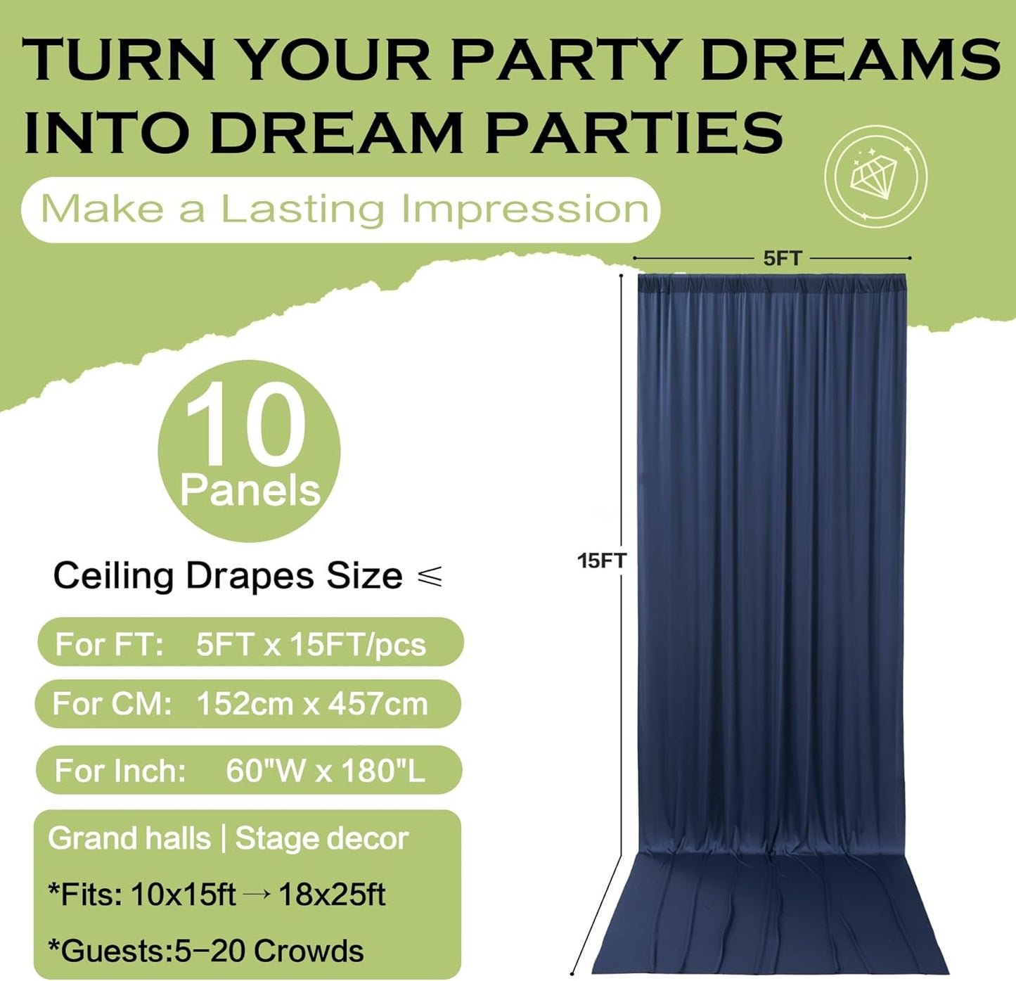 PartyVillage 50ft×15ft Navy Blue Backdrop Curtain for Wedding Parties, 10 Panels Wrinkle Free 15 FT Long Polyester Photo Backdrop Drapes Back Drop Cloth for Birthday Photography Background