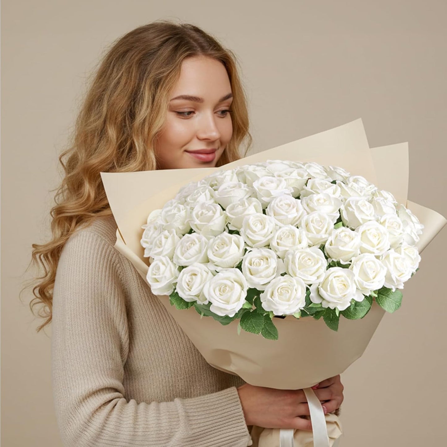 Auihiay 54PCS White Roses Artificial Flower, Fake Silk Roses, Artificial Roses Bulk for Wedding Decorations Table Centerpieces, Mother's Day Valentine's Day Home Decor