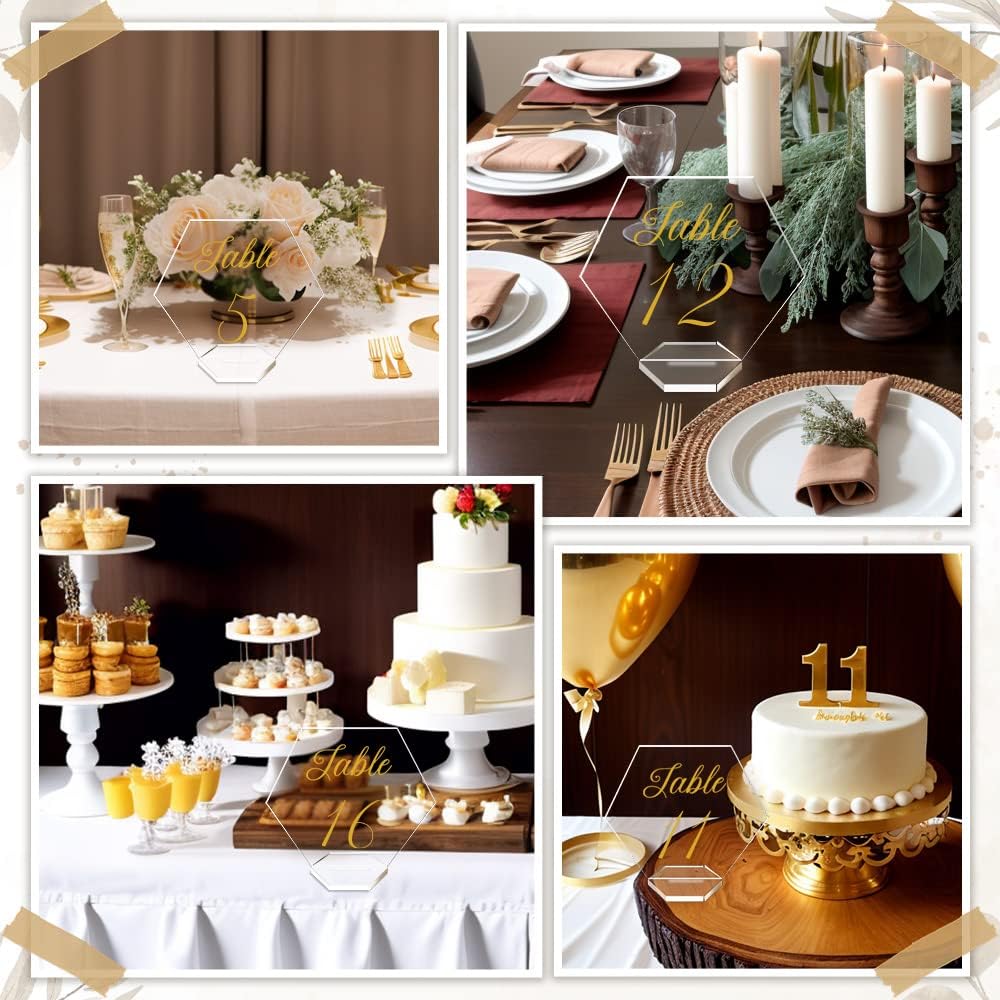 OurWarm Large Acrylic Wedding Table Numbers 1-20, Gold Printed Calligraphy Place Cards with Stand, Hexagon Multi-functional Clear Acrylic Sign and Holder, Ideal for Wedding Reception Events