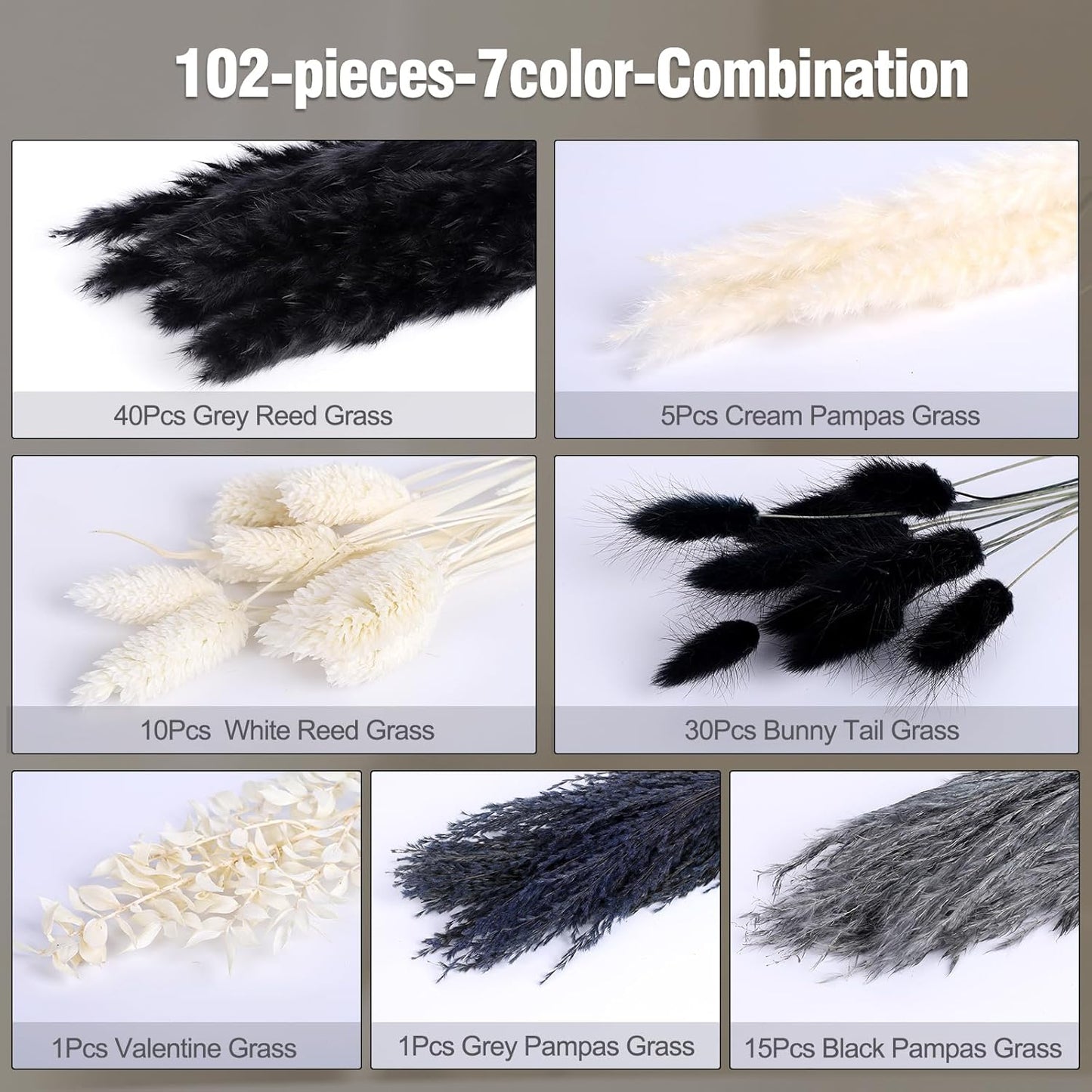 102PCS Black Pampas Grass Decor, Grey White Natural Dried Pampas Grass Bulk, Boho Home Decor Bouquet, Black and White Dried Flowers Decor, Halloween Wedding Floral Arrangements Vases Decorations